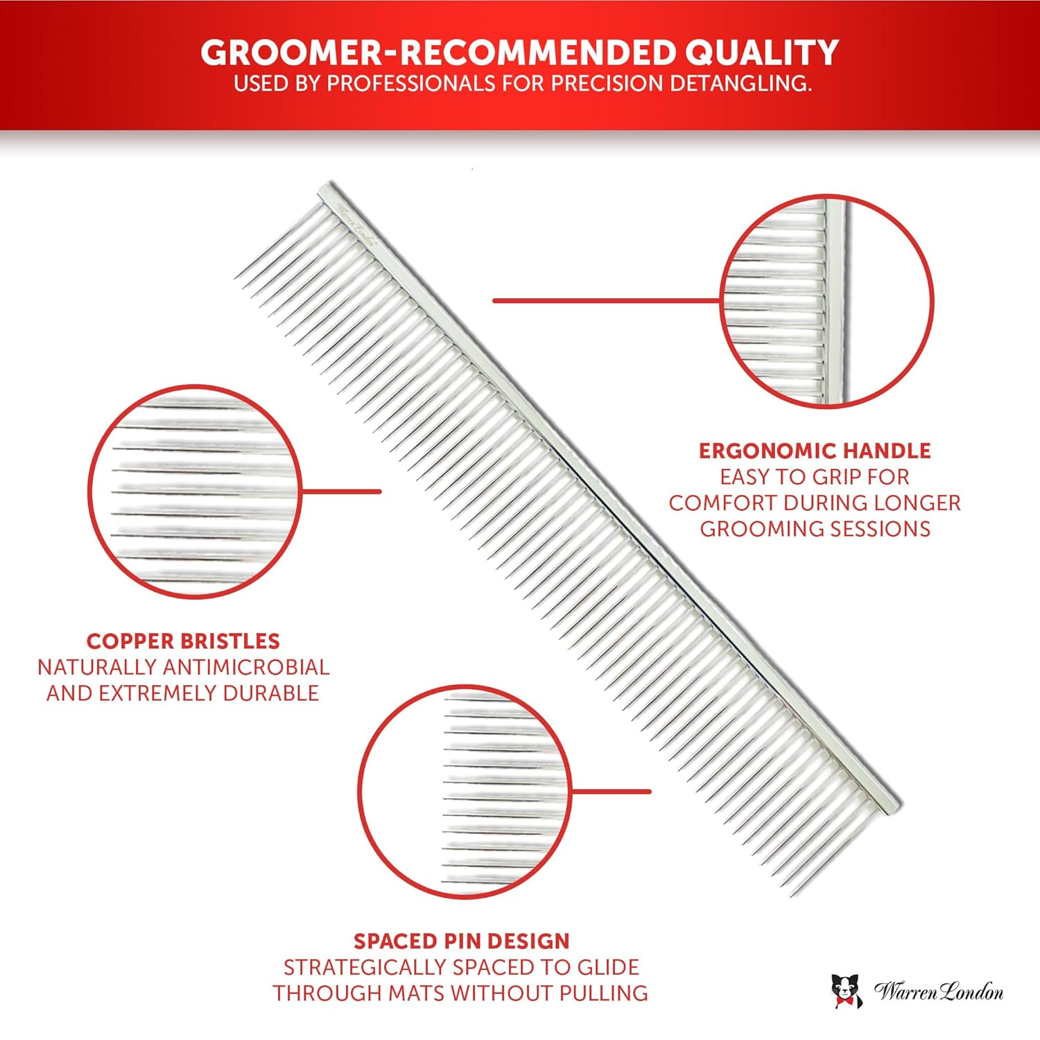 Warren London Cat DeMatter Pro Max | 9" Copper Grooming Comb for Cats | Detangles Mats, Knots & Loose Fur – Gentle, No-Pull Design for Long, Thick, or Tangled Coats | Professional Cat Grooming Tool