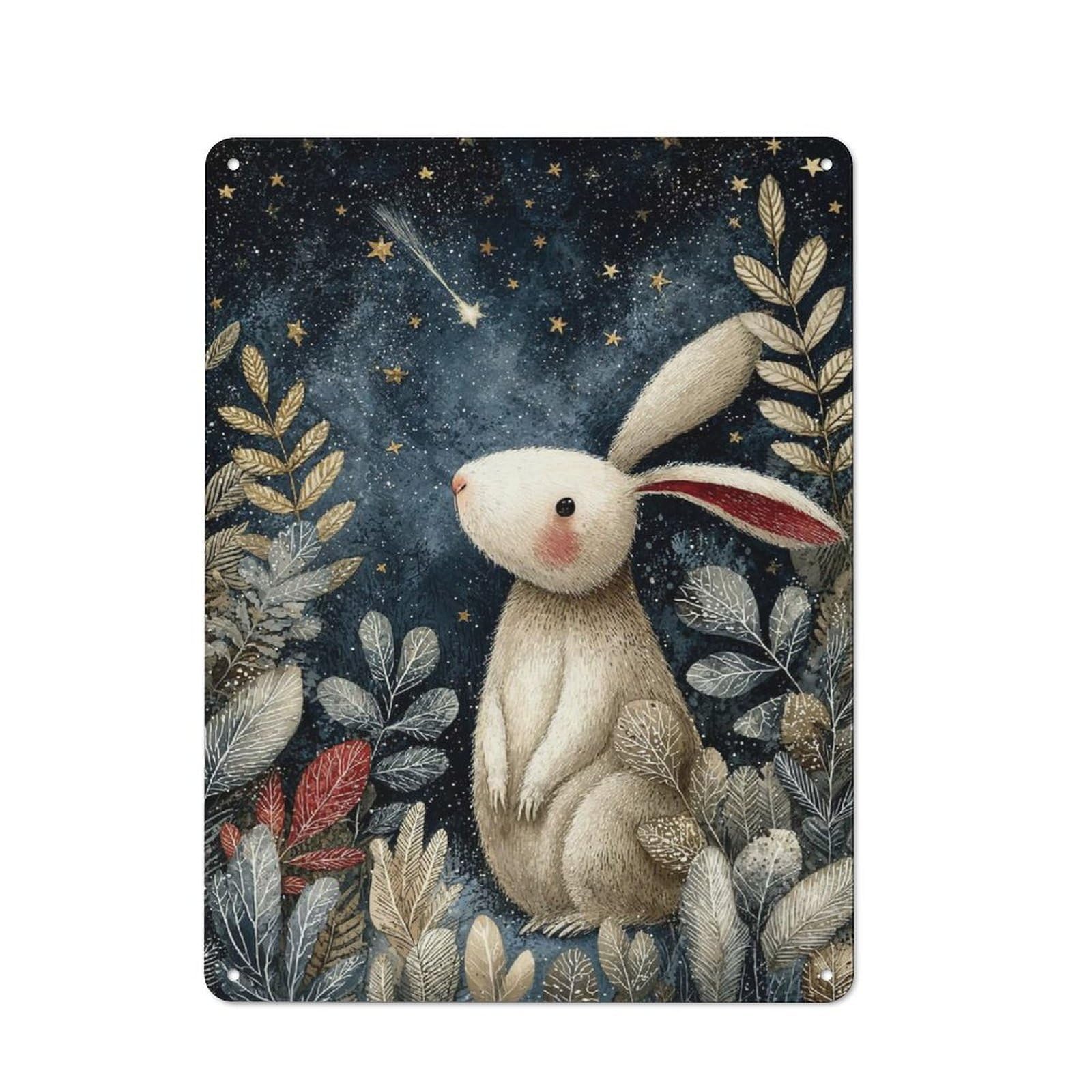 Junmoney Style-17 Tin Wall Plaque 40X30cm With Rabbit Under Starry Night Illustration For Guest Room Or Hallway, For Garage, Workshop And Man Cave Decoration