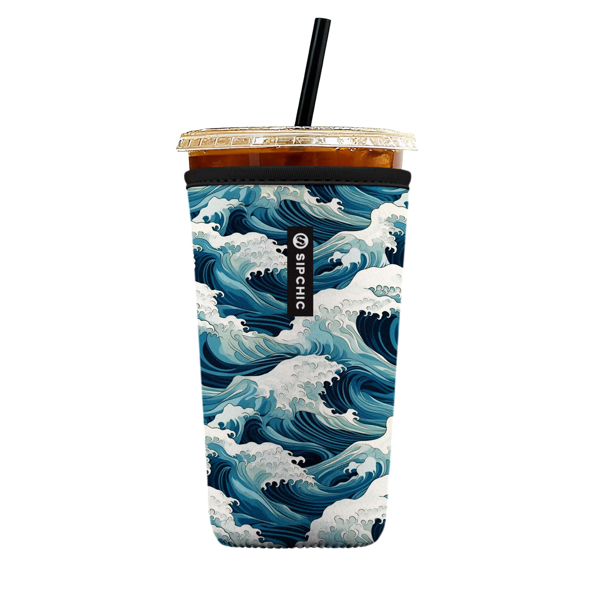 Iced Coffee Sleeve – Neoprene Reusable Cup Sleeves for Drinks, Insulated Drink Sleeves to Keep Hands Dry &amp; Drinks Cold, Stylish &amp; Durable Coffee Sleeves (Ocean Wave, Large: 30-32oz)