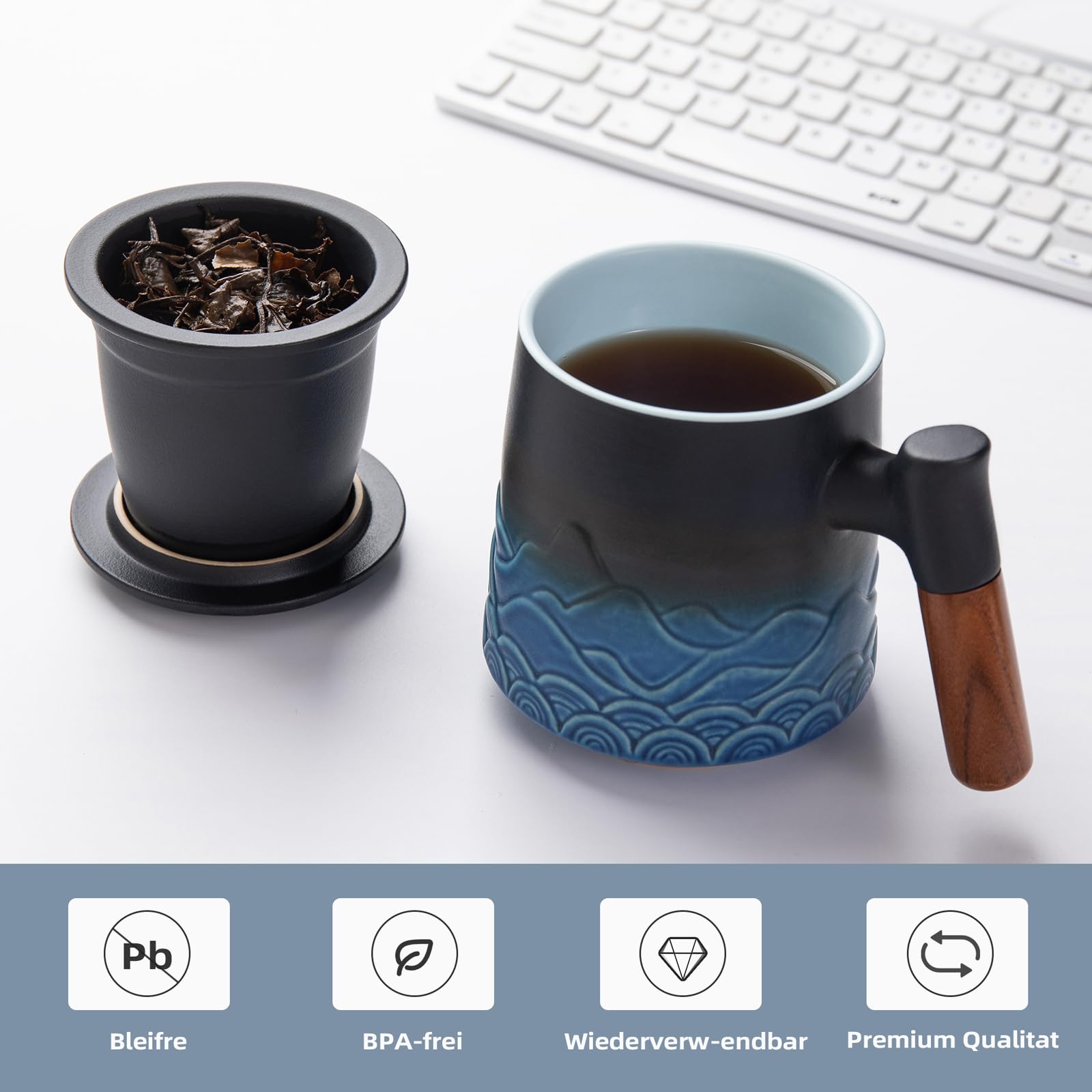 Taza Infusiones con Tapa y Filtro, Tazas de Te 500ml Grande Ceramica Artesanal, con Asa, Regalo para los Amantes del Té, Azul