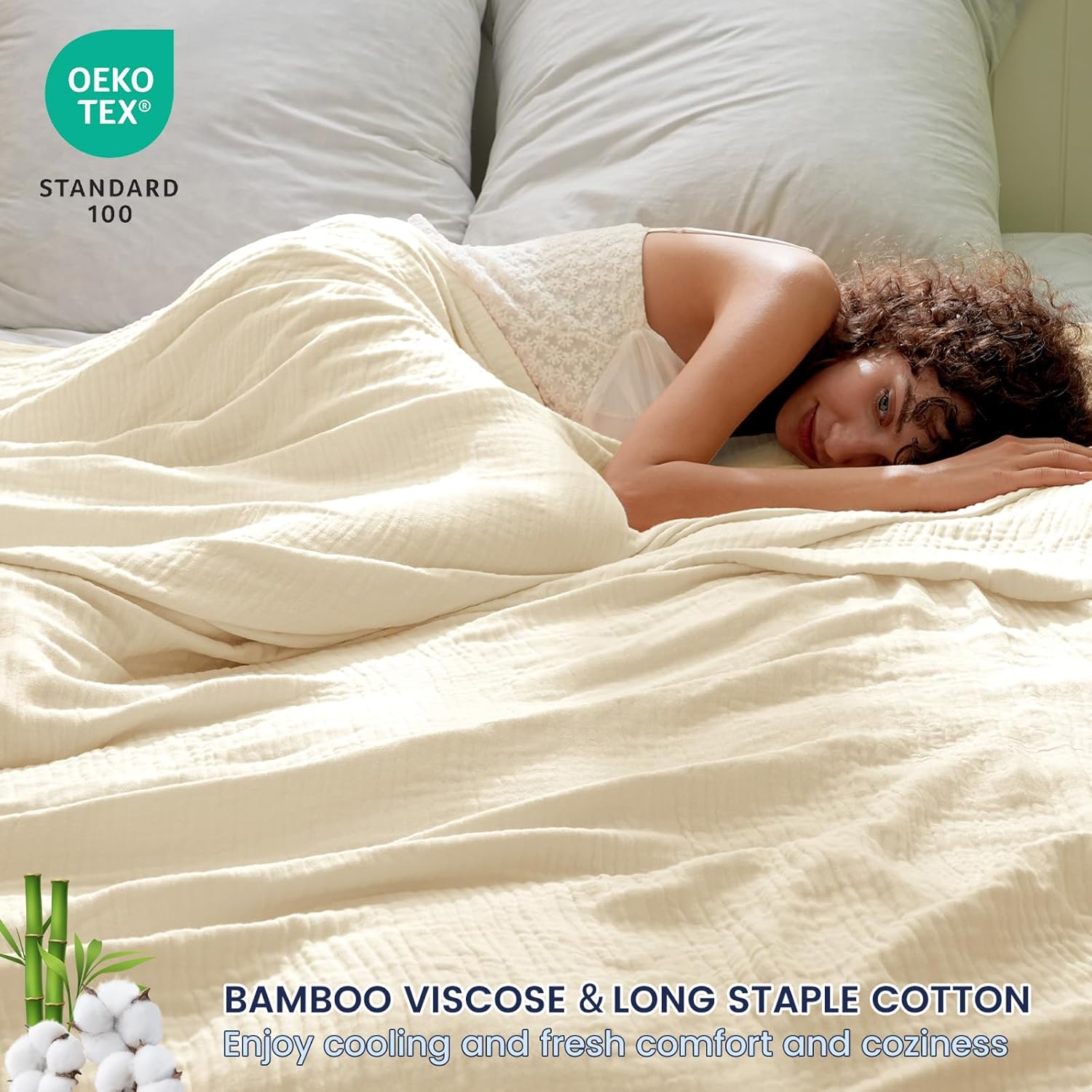 PHF Cooling Muslin King Blanket for Hot Sleepers, 60% Rayon Derived from Bamboo, 40% Cotton for Summer, 4-Layer Breathable Gauze Blanketfor Bed Couch, 108"x90", Natural/Shortbread - Image 3