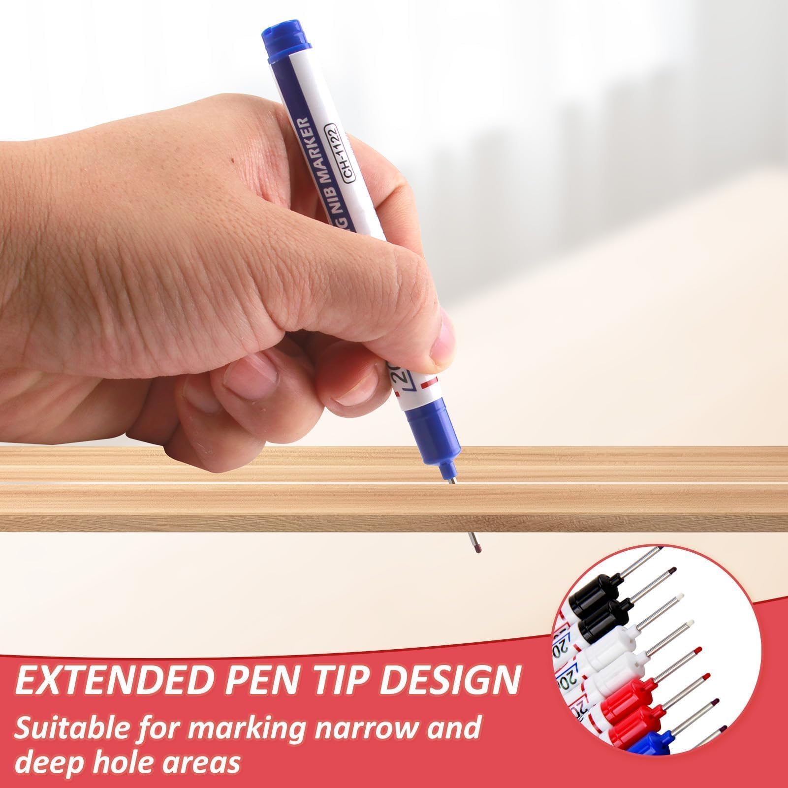 8 Pezzi Pennarelli per Fori Profondi, Penna Falegname Pennarello 20mm, Pennarello a Punta Fine per Legno, Metallo, Plastica e Cartone, Nero, Blu, Rosso, Bianco