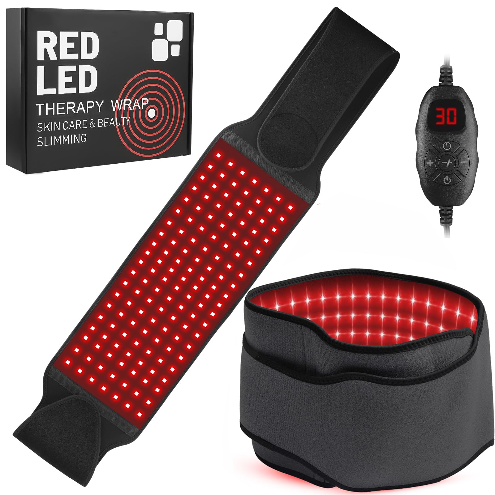 Cinturón de luz roja, 140 LED de 660 nm de luz roja y 850 nm de luz infrarroja cercana con 6 ajustes de tiempo, 5 niveles de masaje, 2 modos de luz para piernas, espalda, cintura, hombros