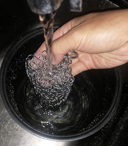Miniatura 7 de Limpiador de hierro fundido, premium 316 acero inoxidable fundido sartén chainmail Scrubber para hierro fundido sartén pre-sazonado Pan holandés