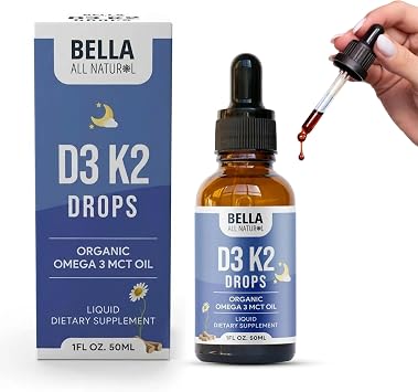 Bella All Natural Vitamin D3 K2 Liquid Drops 5000 IU Unflavored 1 FL OZ, Evening Drops