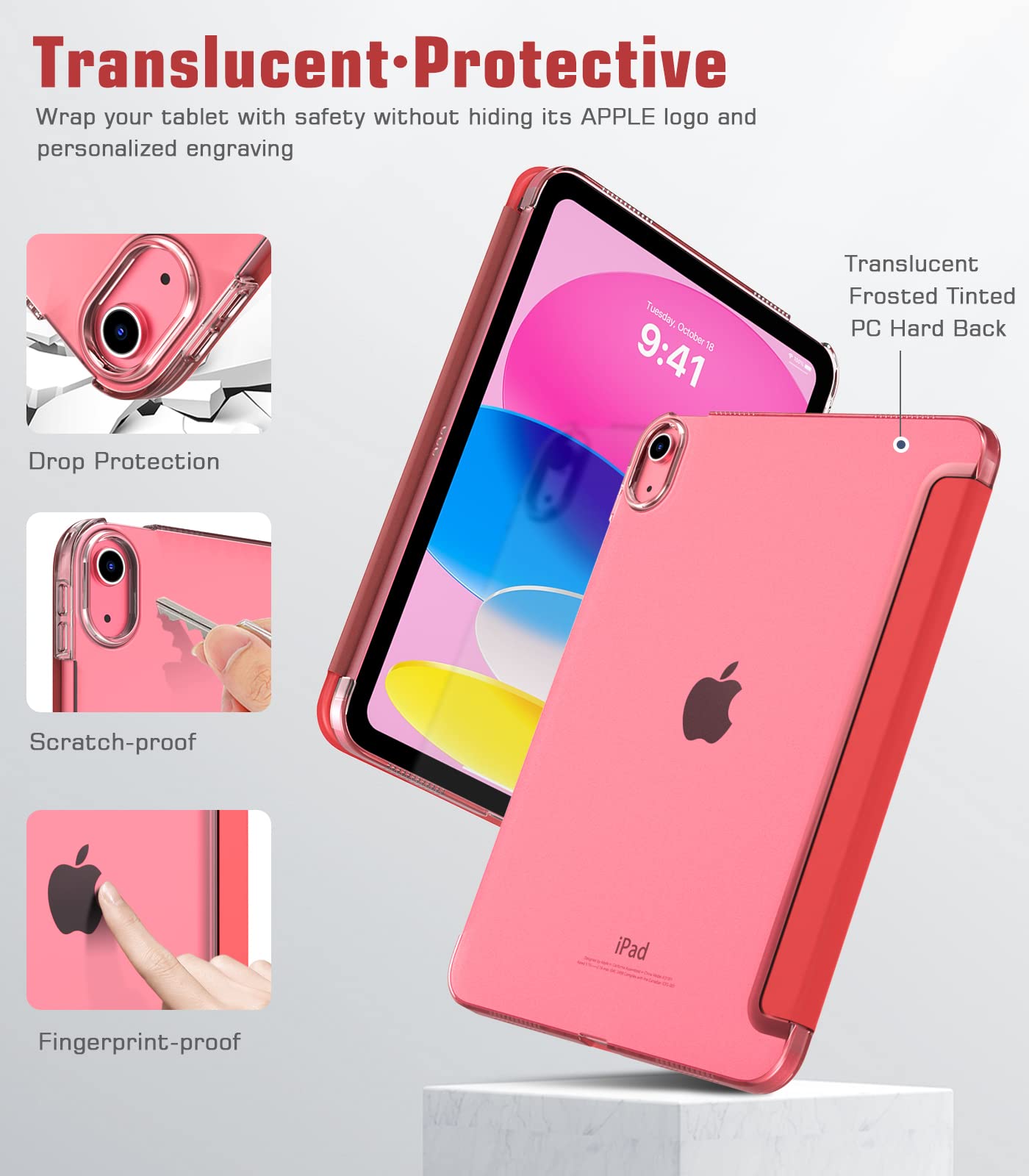 TiMOVO Cover Custodia Compatibile con iPad (A16) 11 Generazione 11 Pollici 2025/iPad 10 Generazione 10,9" 2022, Retro in PC Rigido Semi-Trasparente, Auto Sveglia/Sonno, Rosso