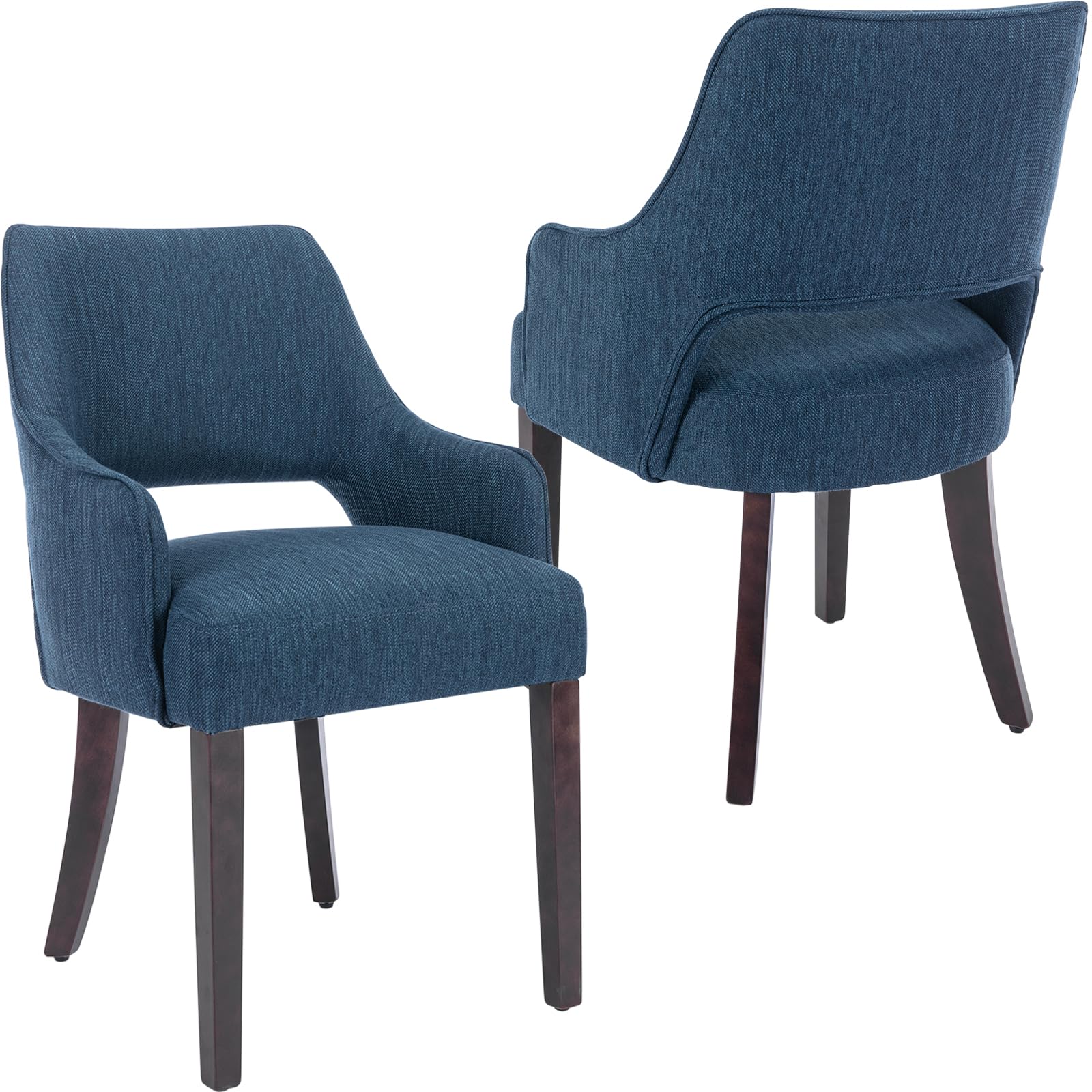 Modern Dining Chairs Set of 2 Upholstered Linen Accent Side Chair with Mid Open Back & Wood Legs, Arm Chair for Home Kitchen and Restaurant, Linen Blue