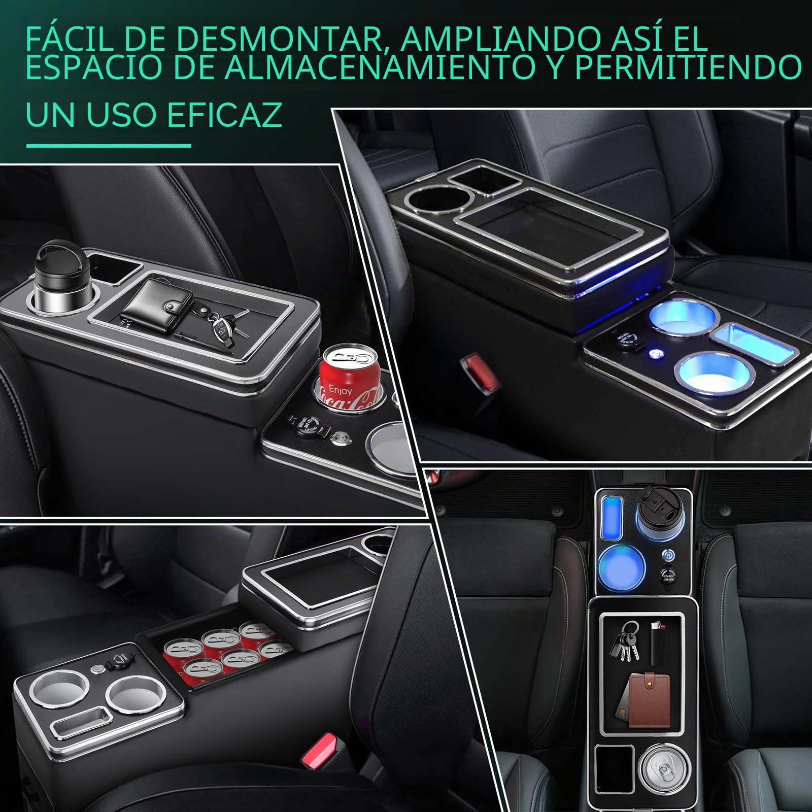 KAOLALI Consola Central Compatible con VW T4 T5 T6 T6.1 T7 2003-2019 | Consola Central con Compartimentos y Portavasos, con Estantes, Puerto USB y Luces LED, Elegante Apariencia, Negro