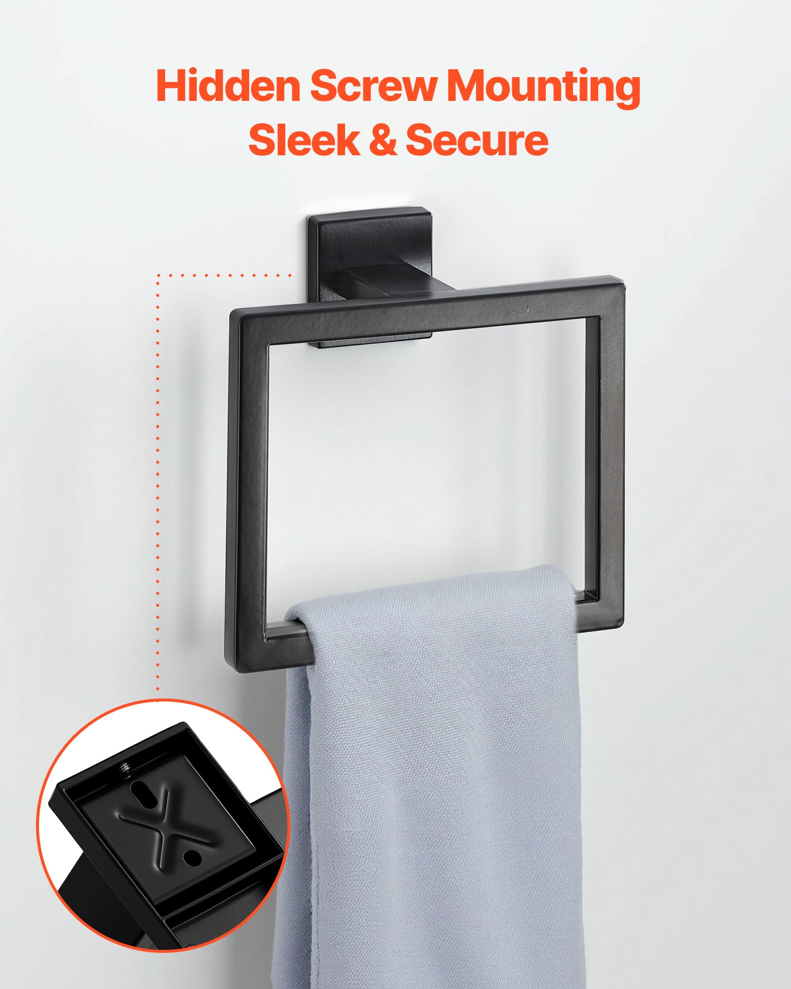 VEVOR Juego de Accesorios de Baño, con 2 Toalleros, 2 Porta Toallas Anillo Cuadrado, 2 Ganchos de 4 Piezas y 2 Portarrollos de Papel Higiénico, en Pared, Negro Mate, 10 uds, 595 x 100 x 80 mm