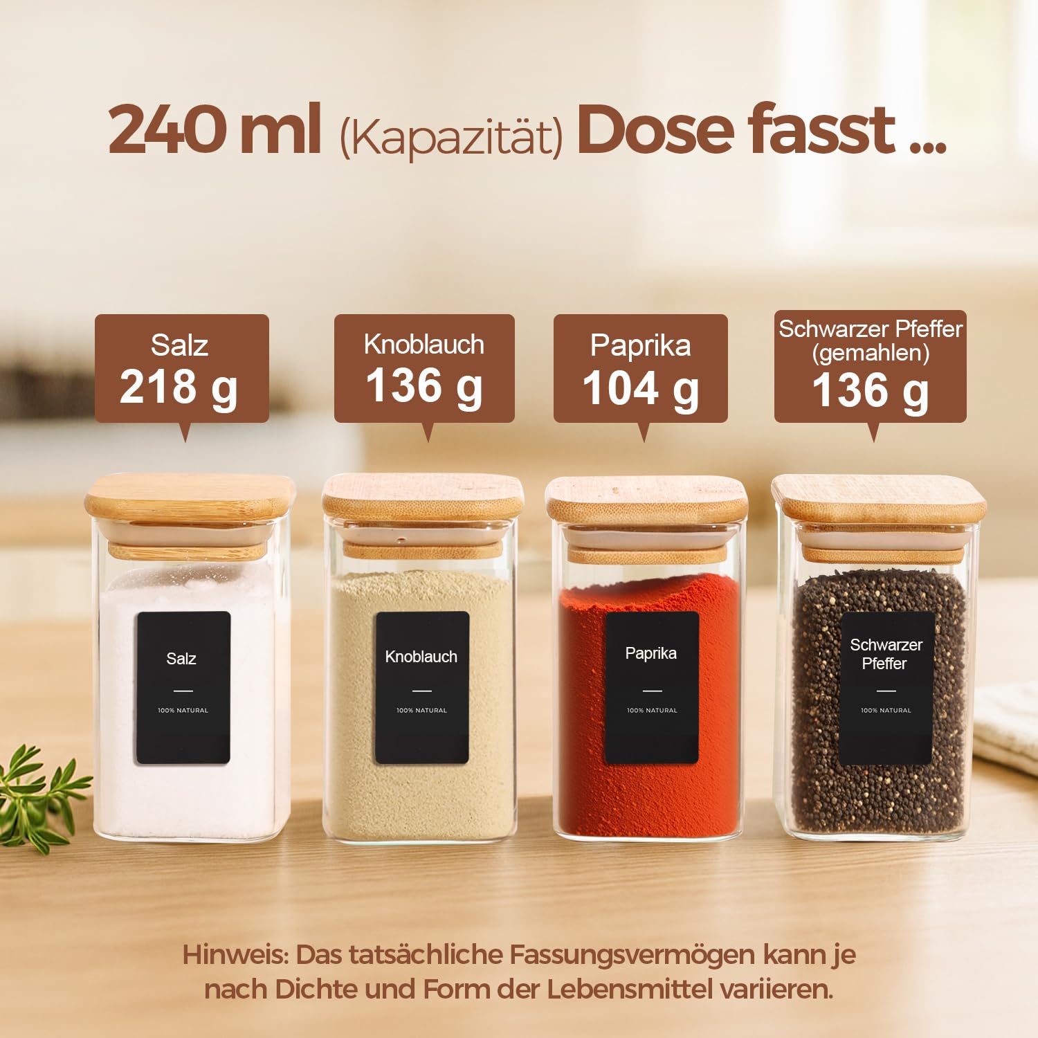 ComSaf Gewürzgläser Eckig 12 x 240 ml, Gewürzgläser aus Glas mit Bambusdeckel, Luftdichte Gewürzbehälter mit 54 Etiketten, für Gewürze, Tee, Vorräte, Vorratsschrank und Küche