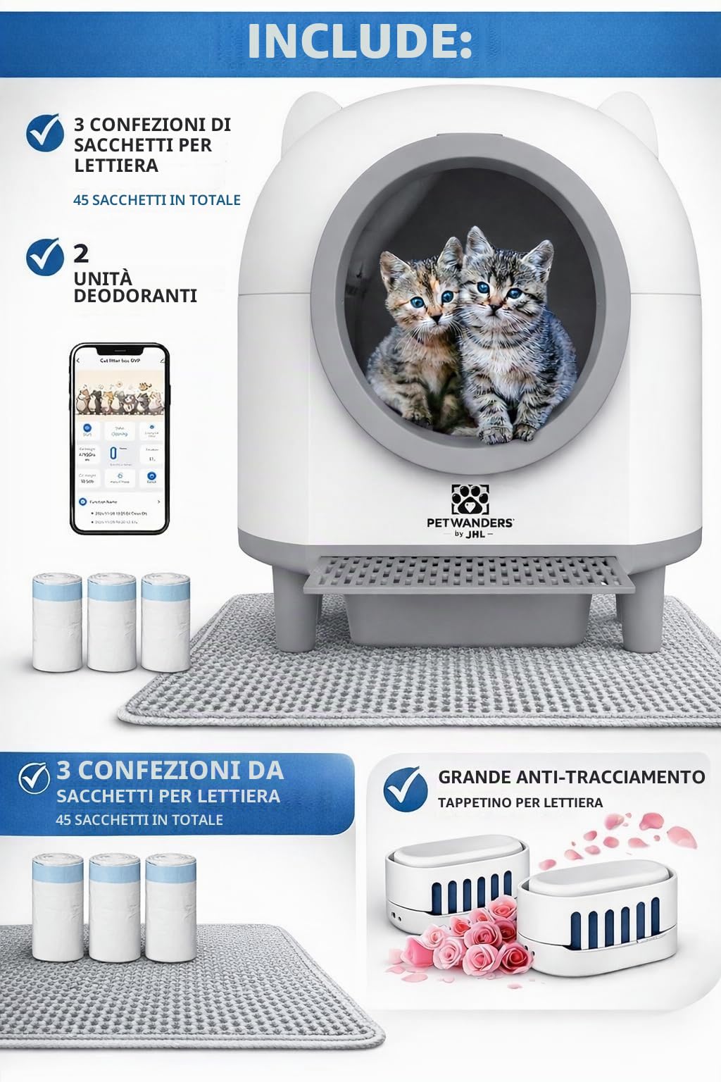 PetWanders - Lettiera automatica Caixa per gatti, autopulente con app, 10 sensori di sicurezza, grande capacità, 90 l, inodore, compatibile con tutti i tipi di sabbia