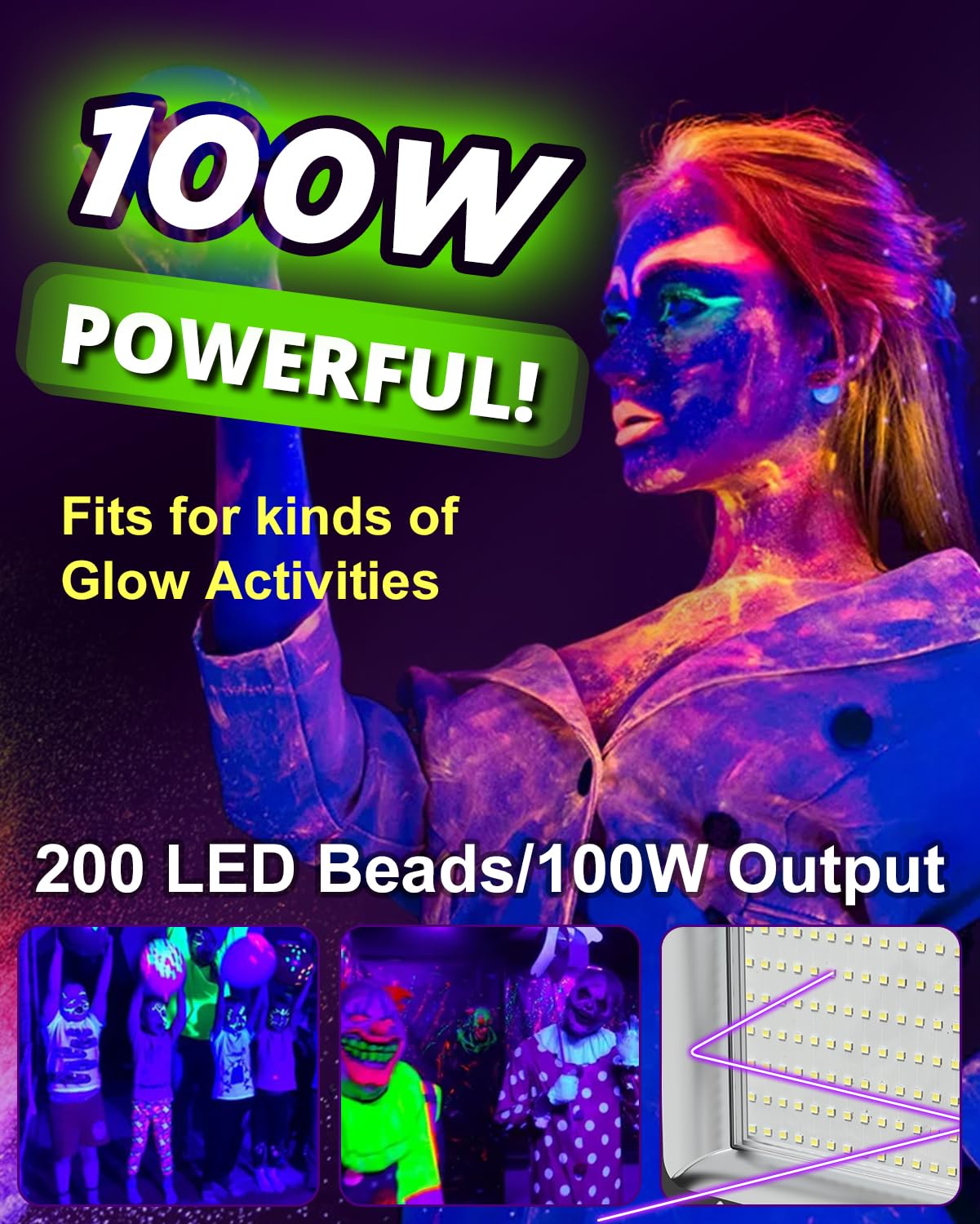 100W Faretto UV LED 2 pacchetto, 200 LEDs Grafene Luce Nera per Ampio Spazio, 395-400NM Faro UV LED con Spina IP65 Impermeabile per Acquario, Festa, Pittura Fluorescente, Poster Fluorescente