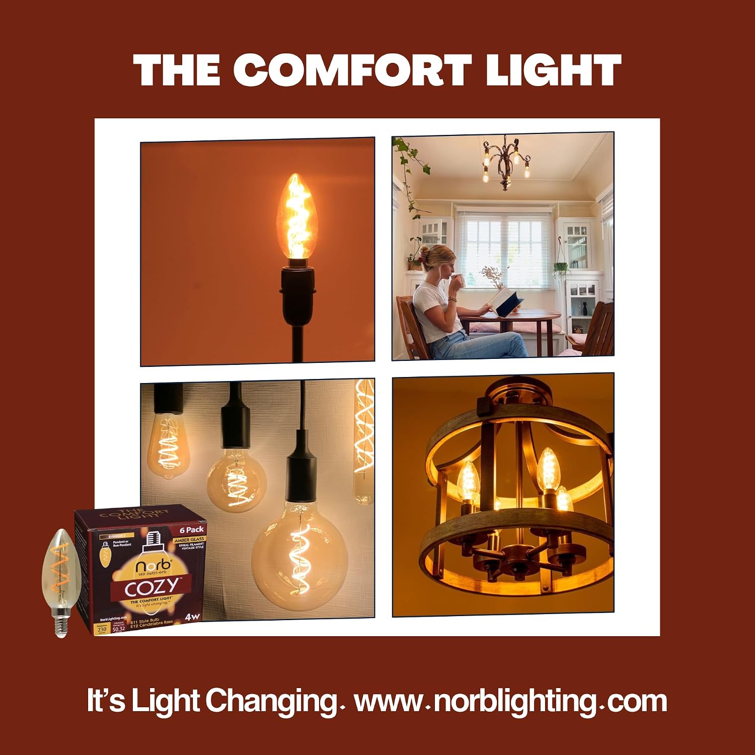 Norb NorbCOZY Vintage-Style Candelabra B11 LED Bulb - Candlelight Spectrum for Relaxation & Comfort. 4W, Amber Glass, E12 Base, Warm Glow. for Chandeliers, Sconces & Ambient Lighting​ (6-Pack)