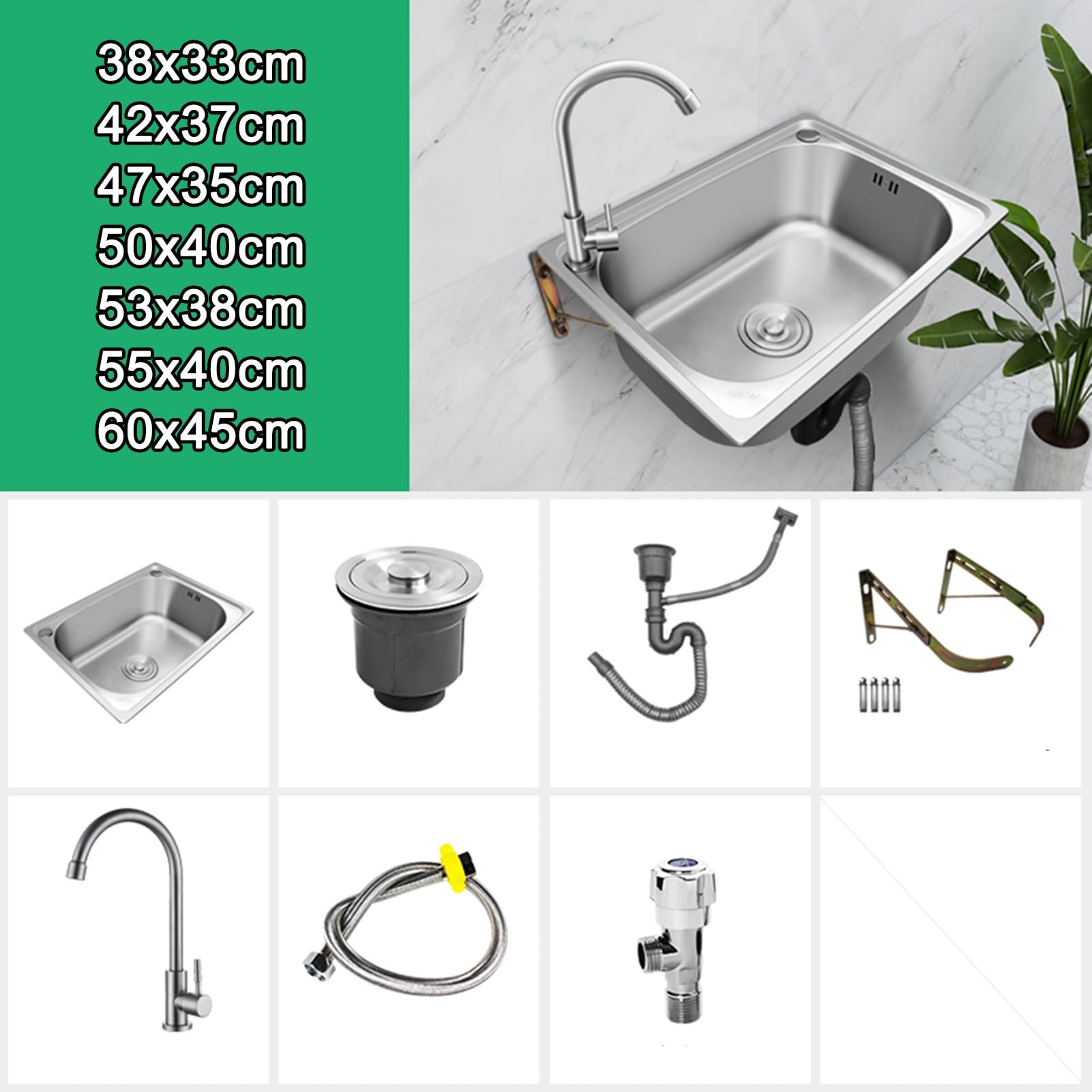 Small Wall Mounted Bathroom Sink, Stainless Steel Hand Sink with Cold Alone Faucet, Utility Laundry Portable Handwashing Station, for Garage Garden Kitchen Laundry Room, Outdoor,55x40cm ( 55x40cm