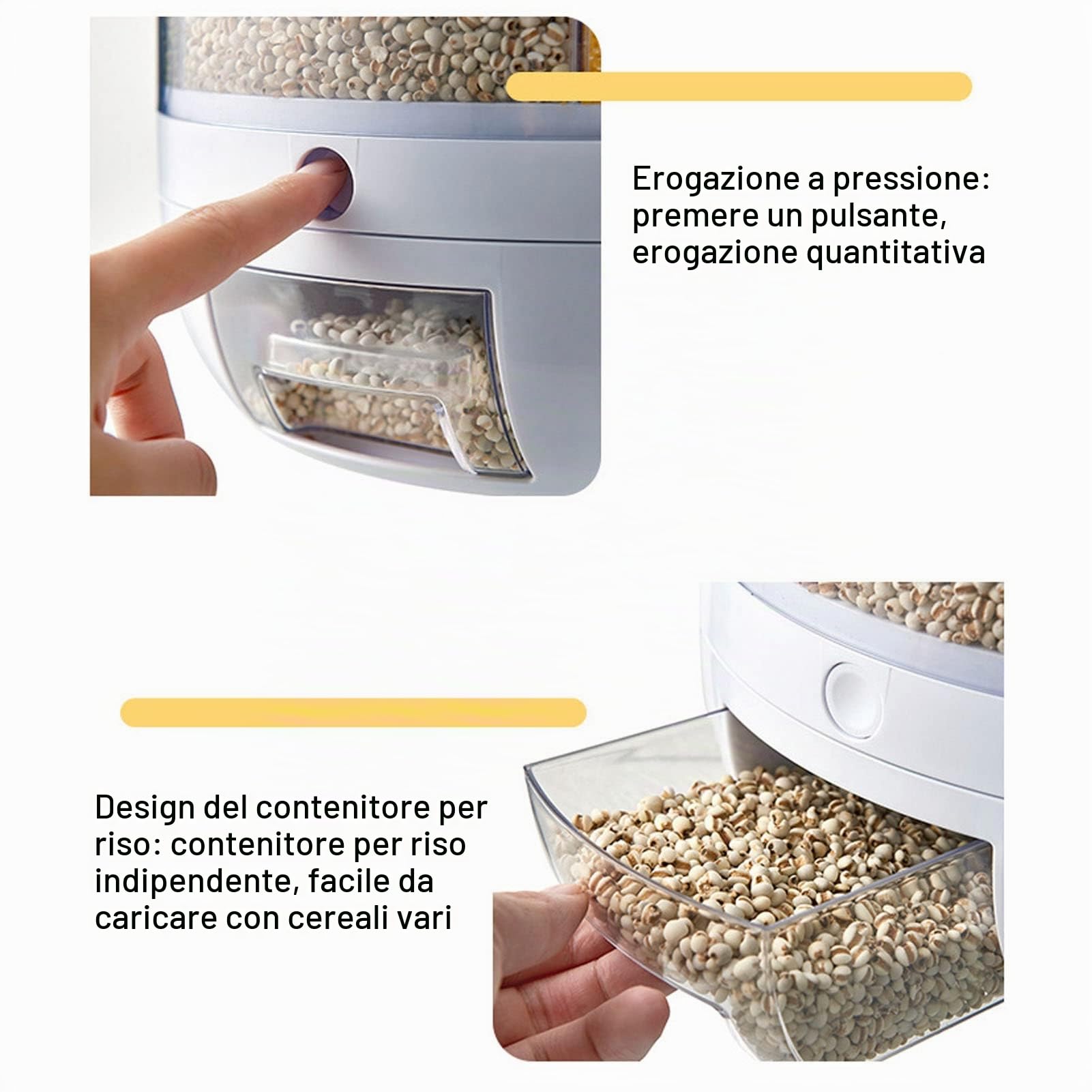Dispenser per riso e cereali rotante 360° con 6 griglie, contenitore impilabile a strato singolo per alimenti secchi