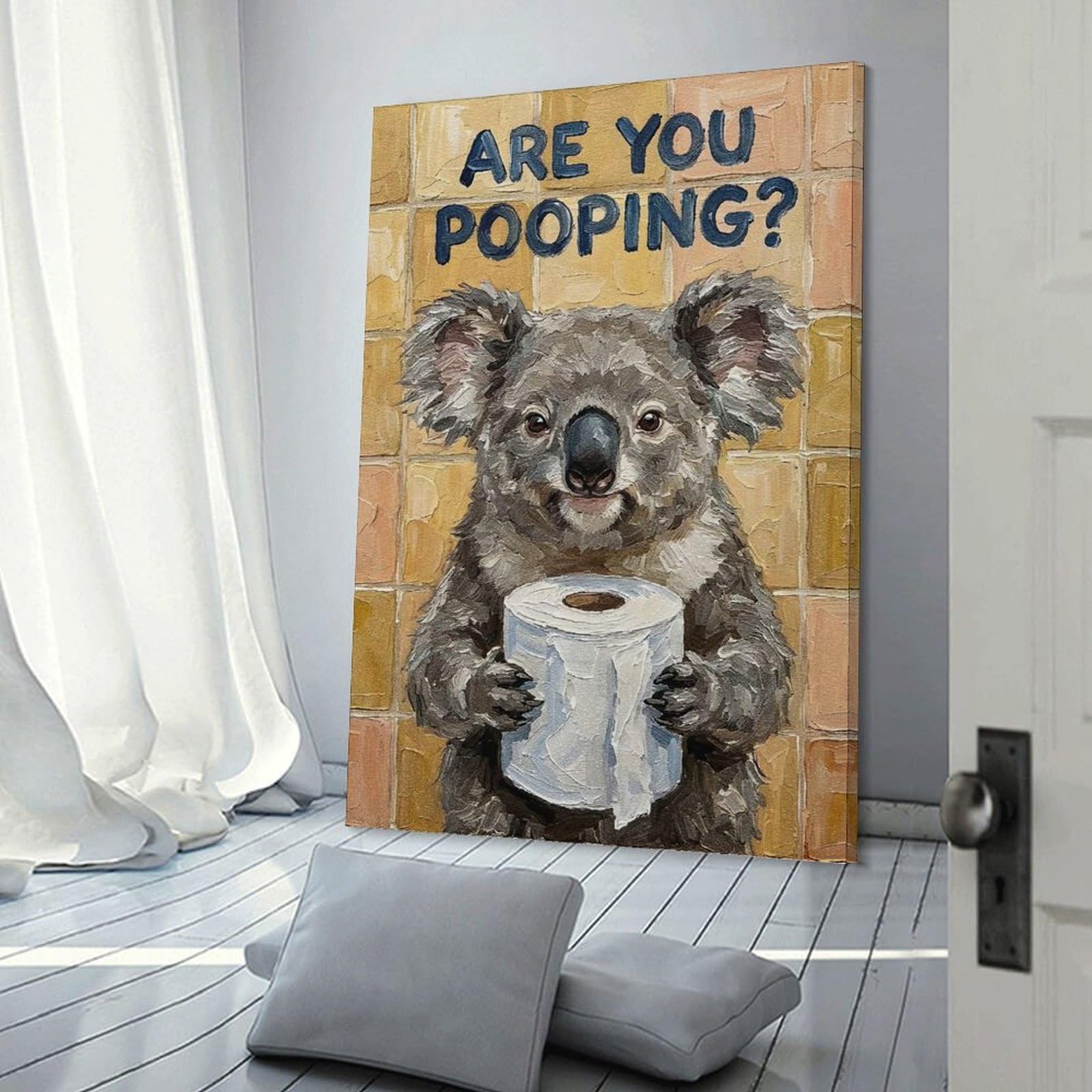 Junmoney Koala with Toilet Paper Painting Canvas Wall Decor 20x30inch(50x75cm), for Flats, Guest Rooms Or Compact Rooms, Home Artwork for Modern Interiors