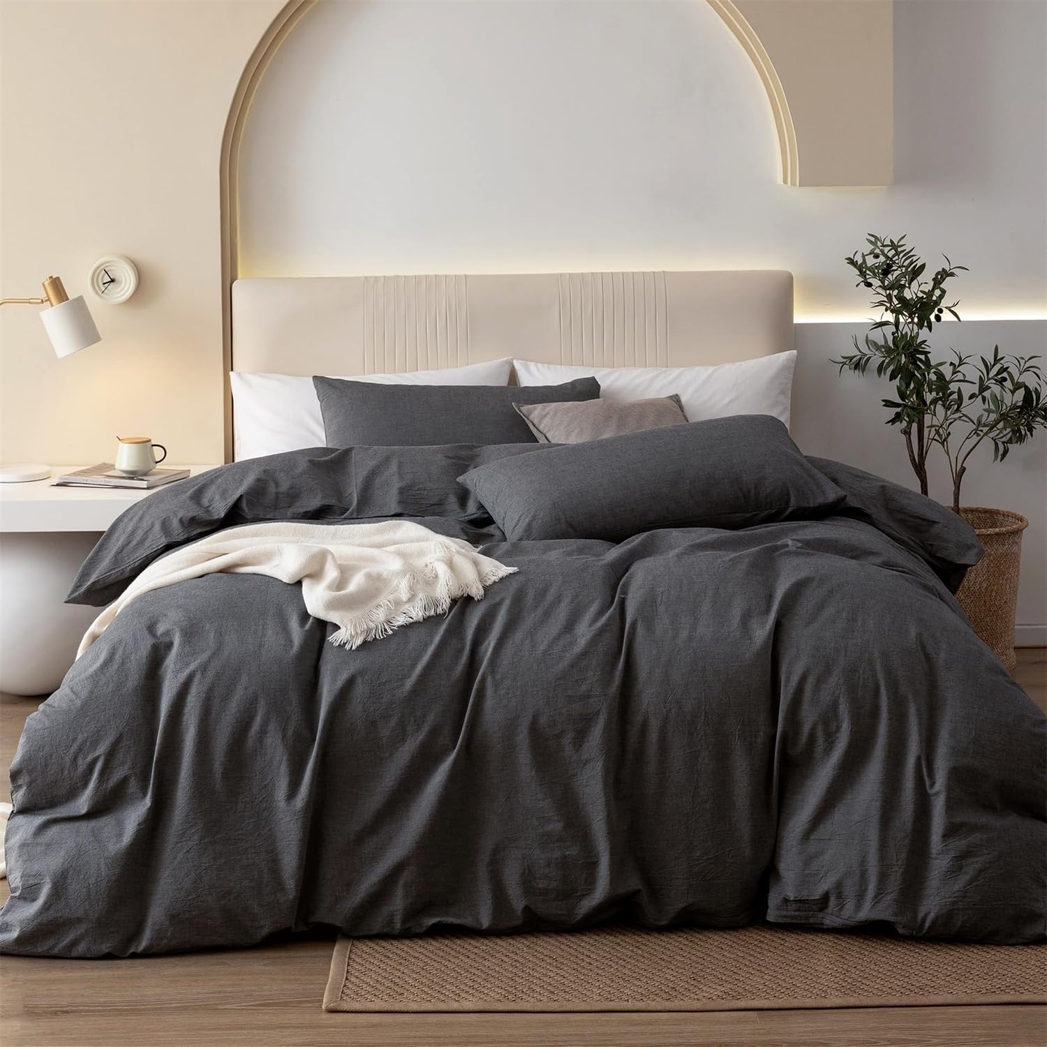 Gezu Bed Linen 220 x 240 cm Cotton Grey Dark Grey 3-Piece Cotton Double Bed Plain Bed Linen Set Soft Oeko-Tex Certified for Allergy Sufferers and Pillowcases 80 x 80 cm with Zip
