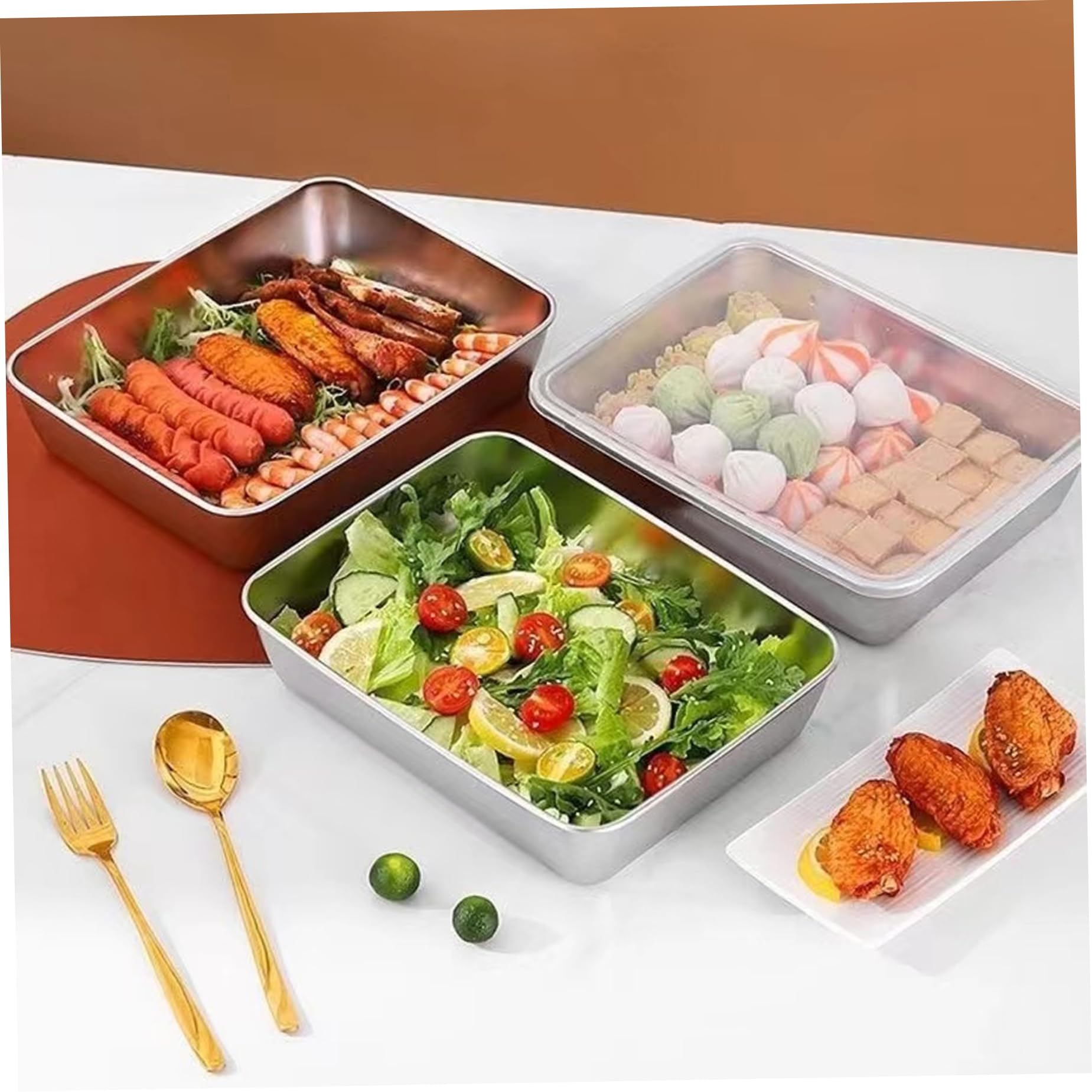 5pcs Edelstahl -Lebensmittelbehälter, stapelbare Lebensmittelablagerungsbox mit Plastikdeckel, Fleischküste für Kühlschrank oder Picknick, Grillparty, Büro Mittagessen, Küchenspeicherorganisation