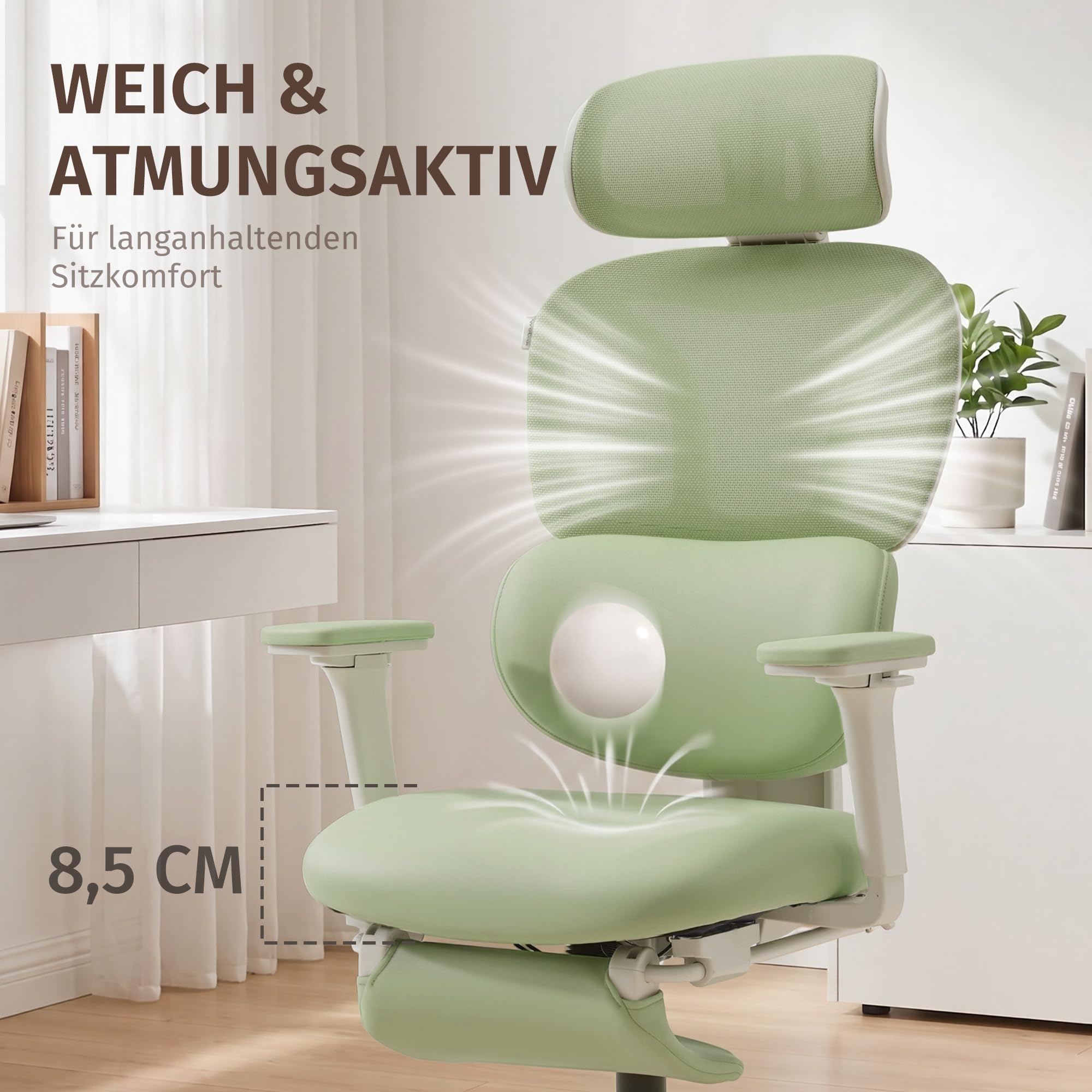 WELAX S3 Pro Ergonomischer Bürostuhl mit Netzbezug, Fußstütze und Verstellbarer Kopfstütze – Hochlehniger Schreibtischstuhl mit Lendenwirbelstütze für Homeoffice, Computer und Gaming, Grün