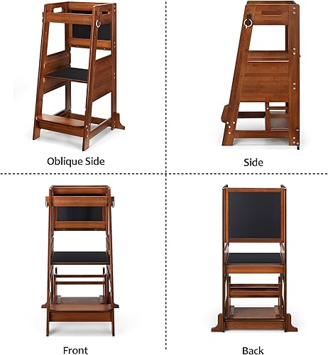Miniatura 7 de TOETOL Taburete de bambú para niños, taburete de cocina de aprendizaje de torre de pie para encimera de cocina de 3 alturas ajustables con pizarra