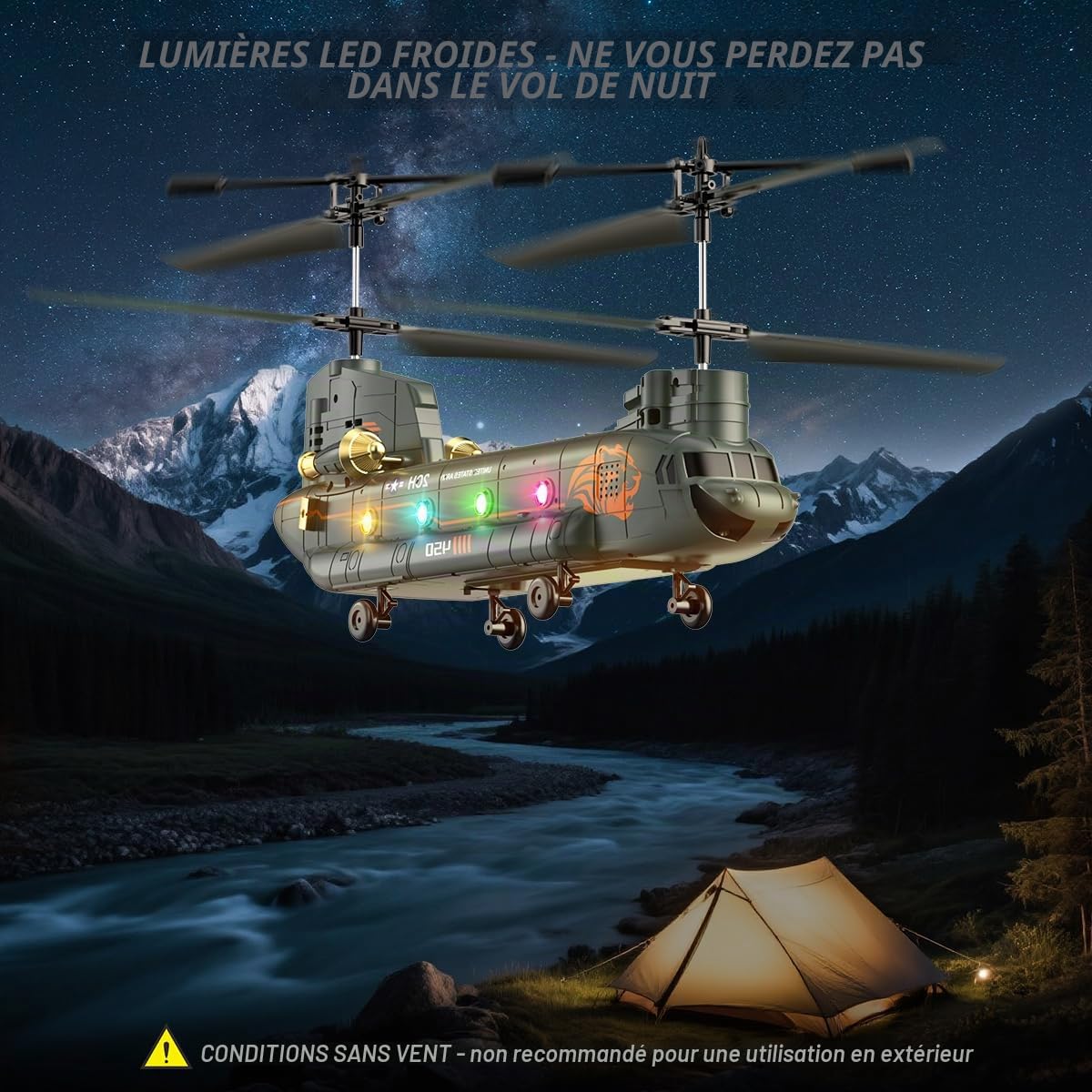 VATOS Hélicoptère radiocommandé 2,4 GHz Transport Militaire avec Maintien de l'altitude, démarrage/atterrissage à Un Bouton, lumière LED