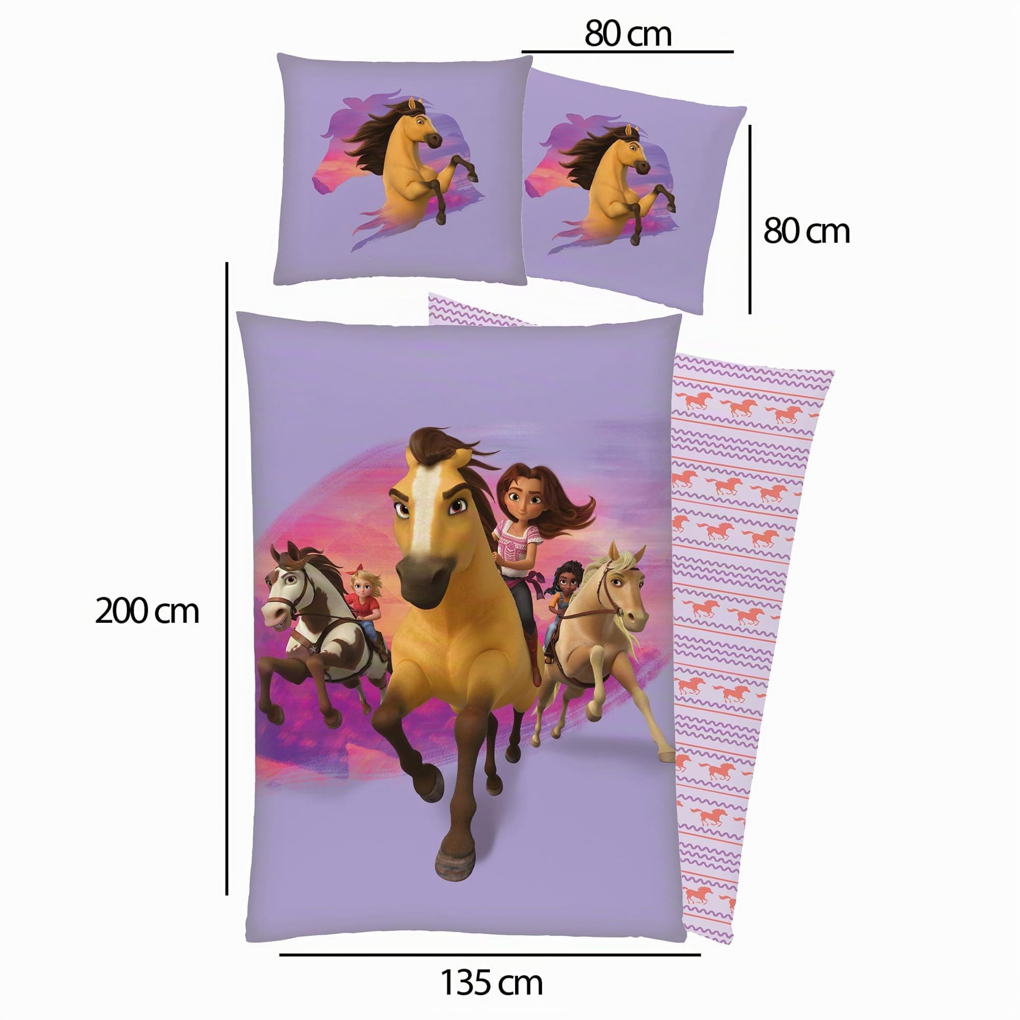 BERONAGE Spirit Untamed Kinder-Bettwäsche Stay Wild 135 x 200 + 80 x 80 cm 100% Baumwolle Biber-Flanell-Qualität Lucky Wildpferd Mädchen Girl Pferde-Bettwäsche mit Reißverschluss Deutsche Größe