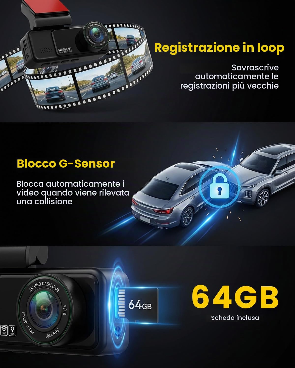 Hikity Doppia Dashcam Auto 4K+2K UHD con Scheda SD 64GB | Touchscreen da 3.16", Angolo Ampio di 150°, G-Sensor, Visione Notturna, ADAS, Monitor di Parcheggio e Registrazione in Loop