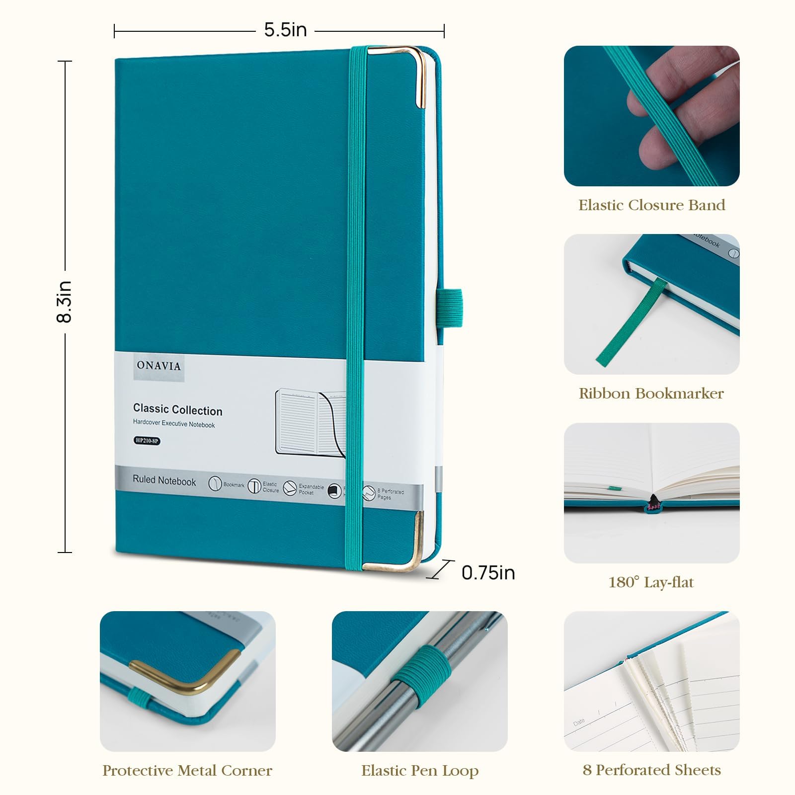 ONAVIA A5 liniertes Tagebuch, 100 g/m² dickes Papier, 8 Stück, Hardcover-Tagebuch, Notizbücher zum Schreiben, Arbeit, Reisen, Schule, College, linierte Tagebücher für Damen und Herren, PU-Leder,