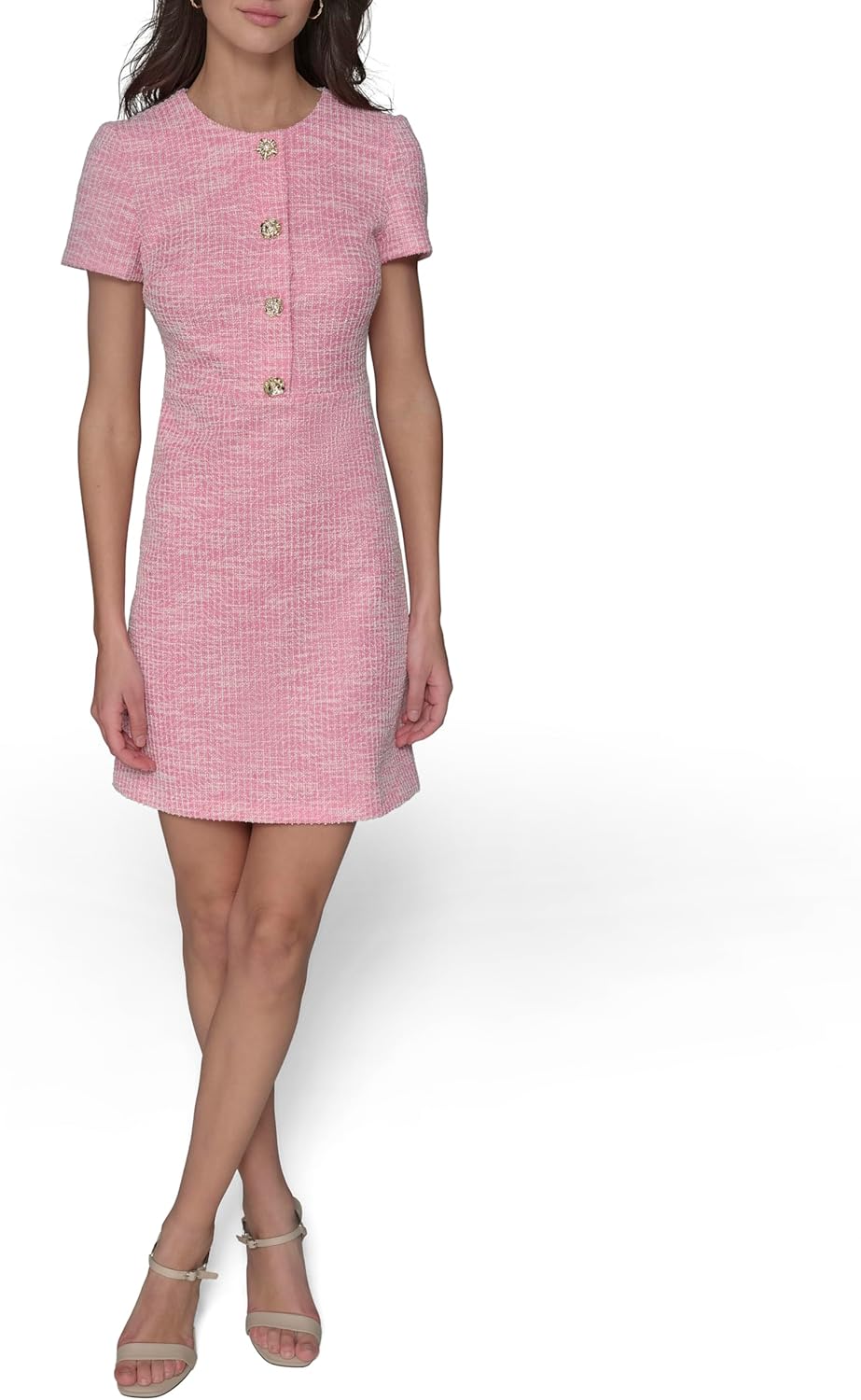 Karl Lagerfeld Womens Short Sleeve Gold Button Up Knit Sheath Mini Dress - Image 2