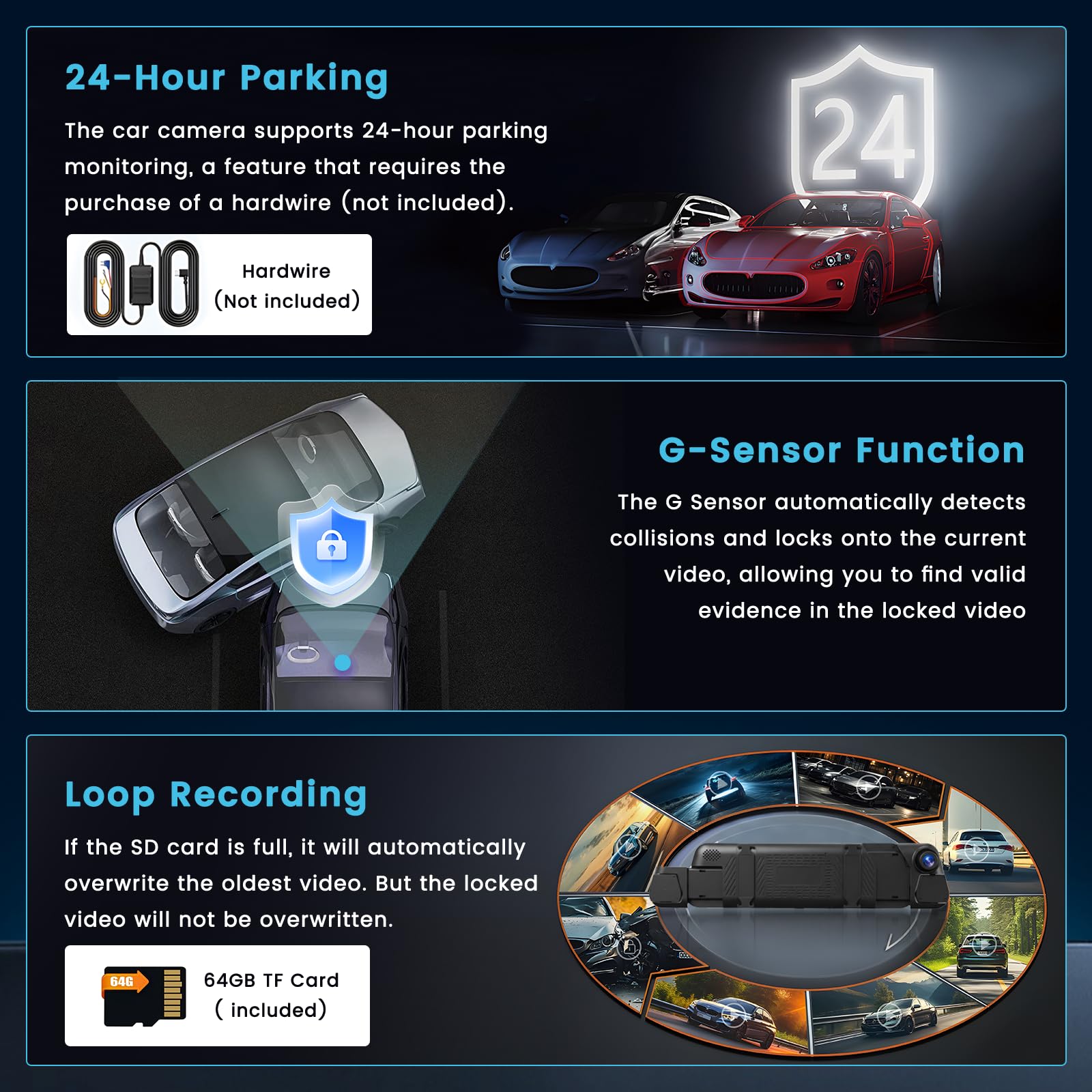 Inefala 4 Canali Telecamera Dashcam Auto Specchio Retrovisore con 9,66 Pollici Touchscreen,Dash Cam Auto con WiFi & App Sensore G Scheda SD 64G Grandangolo da 150° Visione Notturna Registrazione Loop