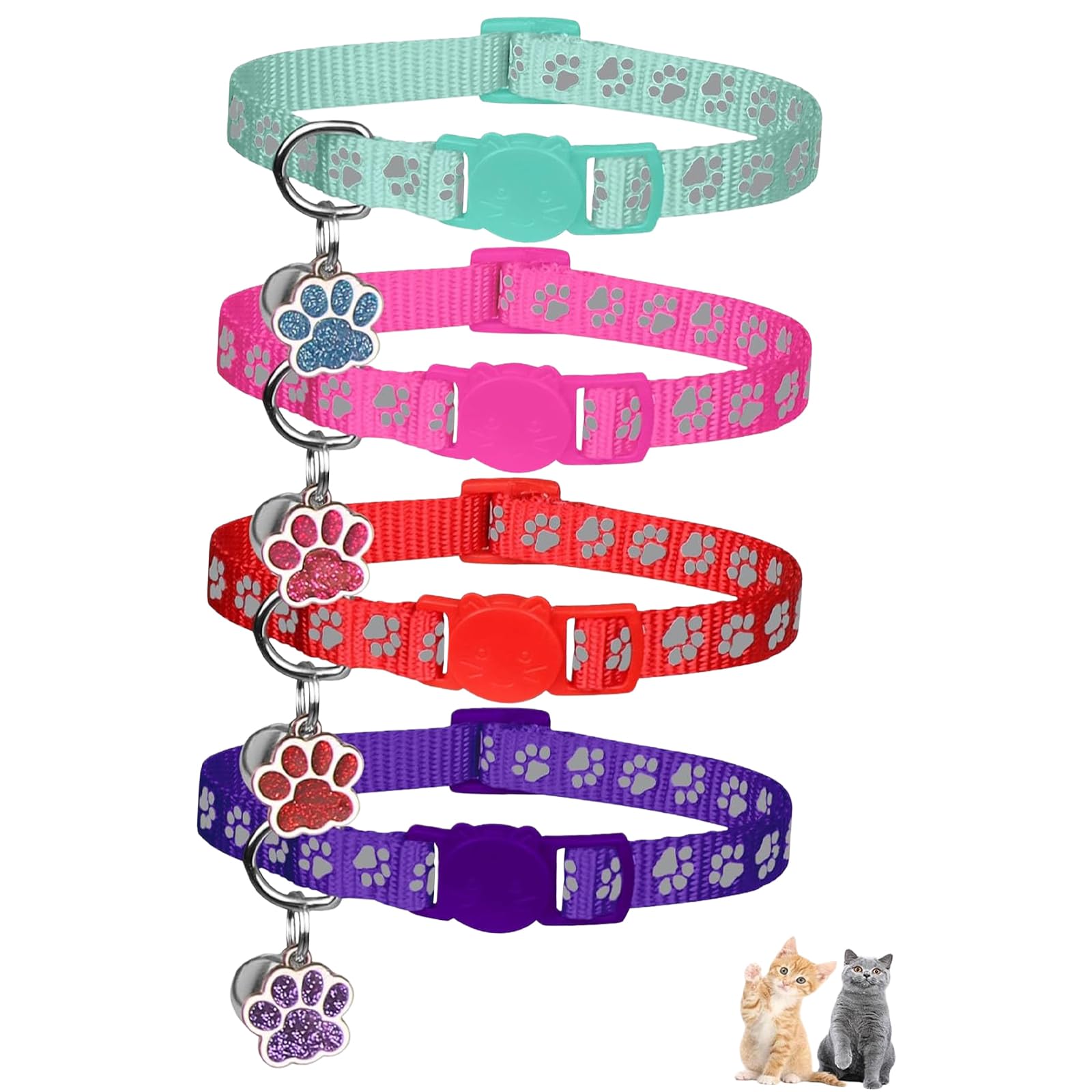 FrostyFlair Cat Collars, 4 Pieces Reflective Cat Collars with Bell, Safety Breakaway & Paw Charm, Breakaway Collar for Kittens (Purple, Hotpink, Red, Turquoise)