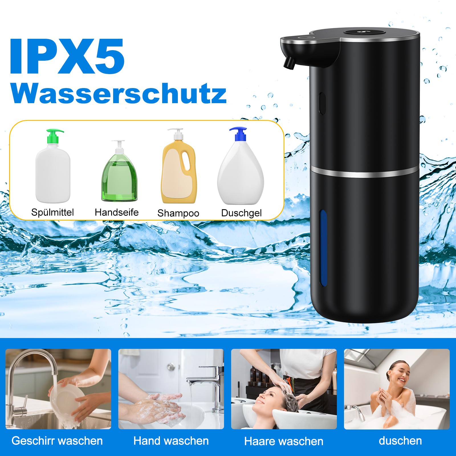 Fantictas Seifenspender Automatisch, Elektrischer Schaumseifenspender mit Display, USB-Wiederaufladbarer,6-Stufig Einstellbar, 380ml Wandmontage für Badezimmer/Küche/Geschirrspülmittel, Schwarz