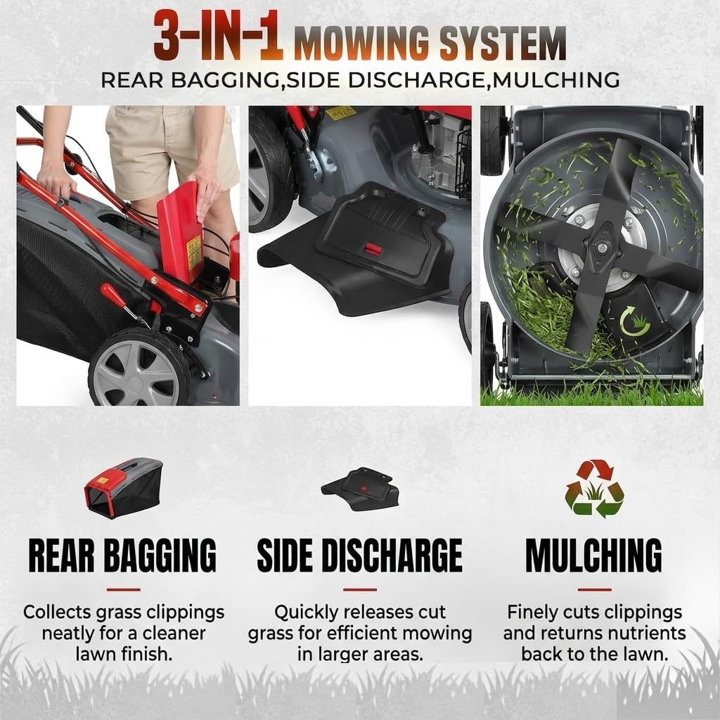 173cc Gas Lawn Mower, Self-Propelled Rear Wheel Drive, Adjustable 3-Speed Settings, 20" Cutting Width, 60L Grass Catcher, Ideal for Large Lawns, Easy Start & Efficient Grass Collect Red