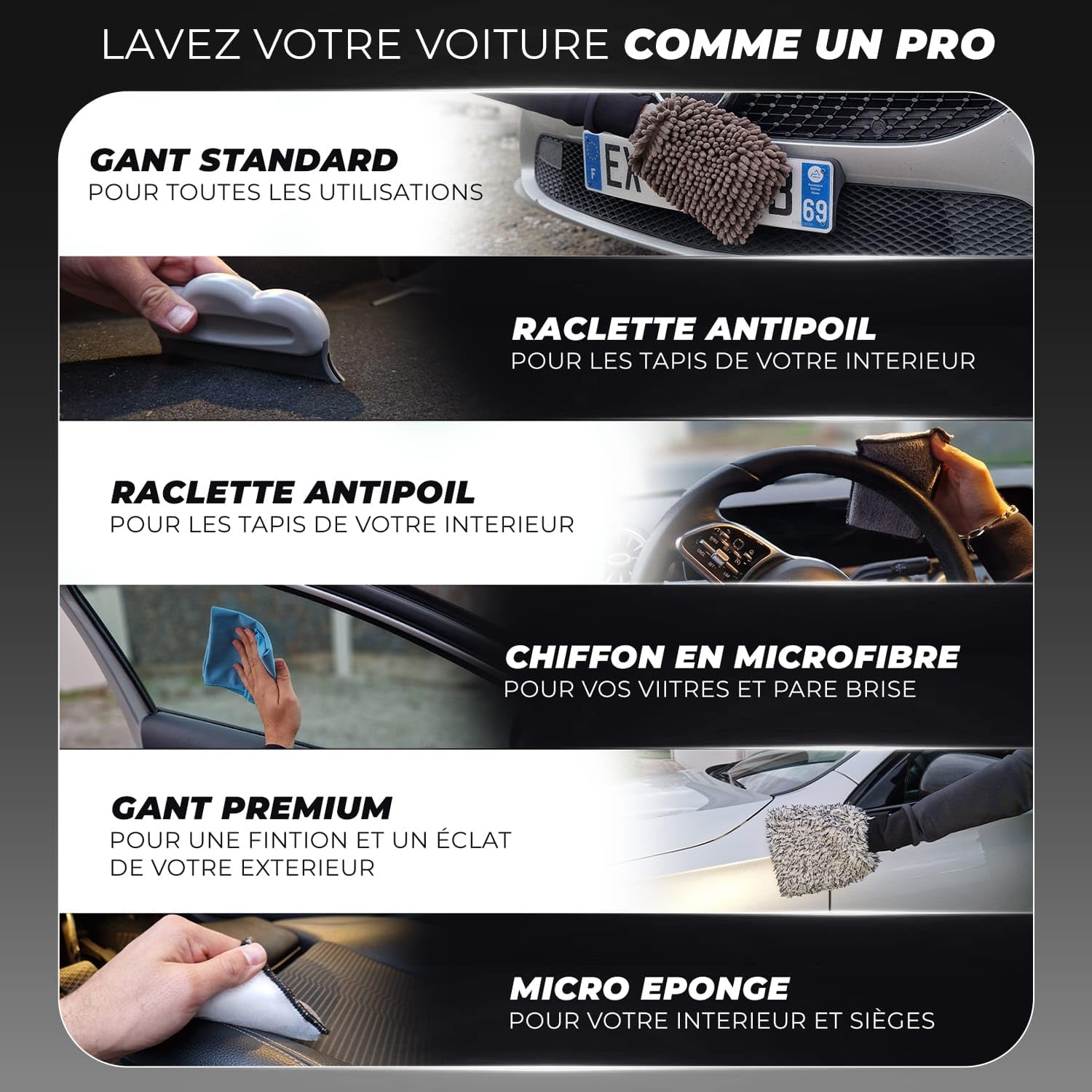 Kit Nettoyage Voiture 17 Pièces, Detailing Auto Professionnel | Gant Lavage, Brosse Jante, Microfibre, Pinceau, Tampon Applicateur, Sacoche de rangement incluse, Intérieur & Extérieur, Moto Compatible
