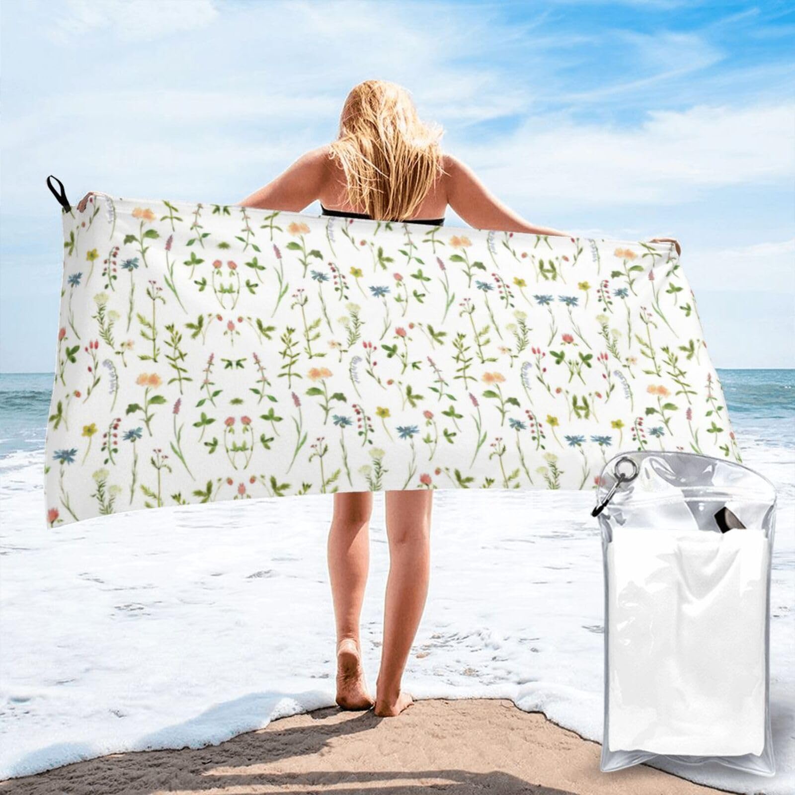 SDEGTHO Season Watercolors Of Herbs Flowers Print Beach Towel Quick Dry Portable For Swimming Yoga Adults Fitness