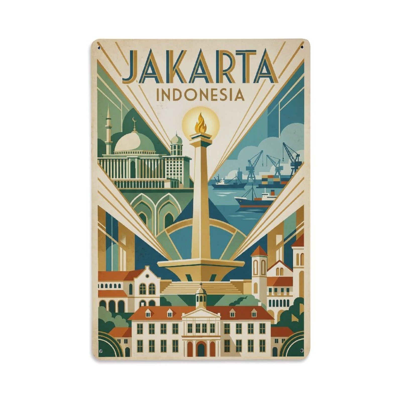 Vintage Travel Indonesia Jakarta Metal Tin Sign Plaque Wall Decor for Cafe, Club Bar, Office, Garden Metal Poster 8x12Inch