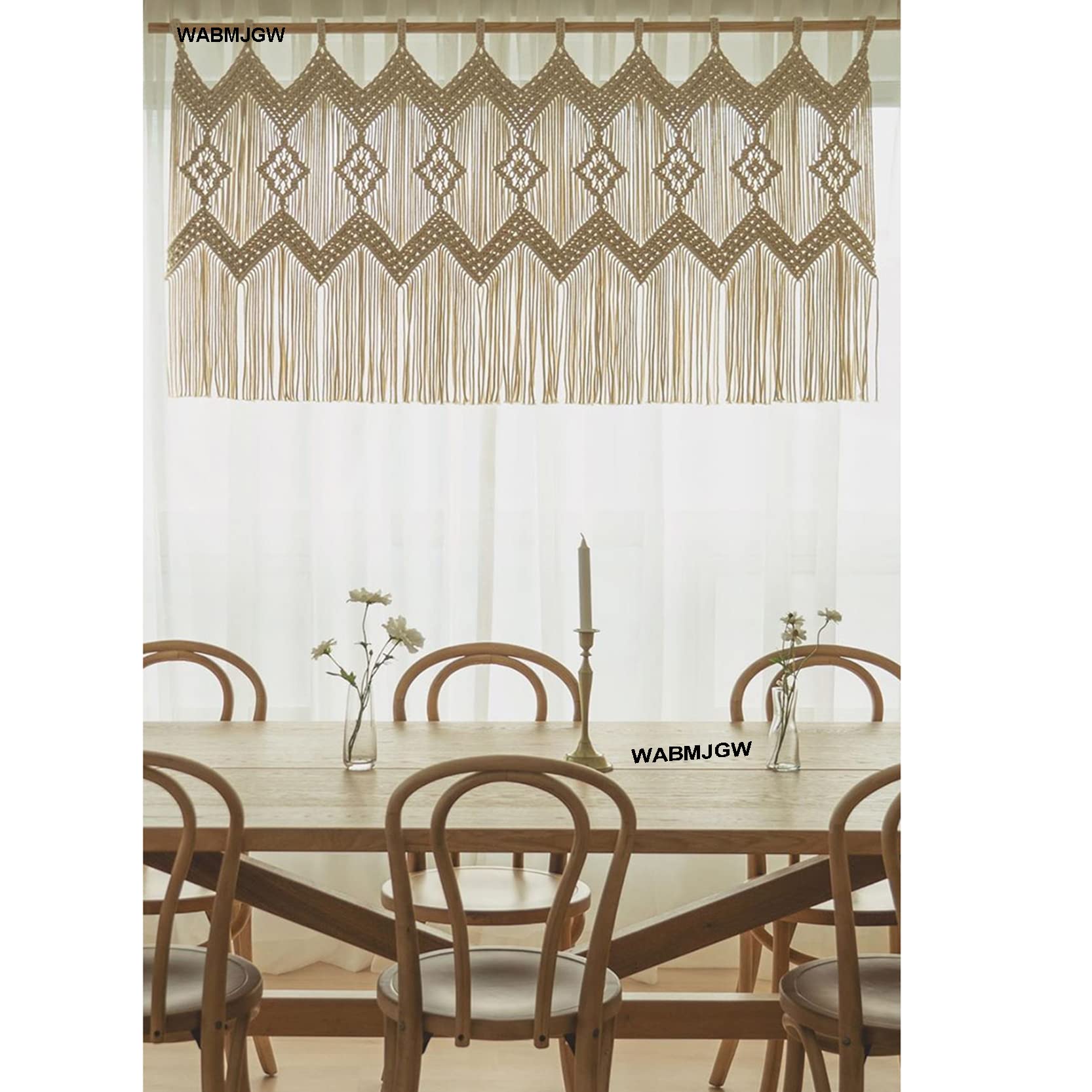 Makramee Wandbehang Große Wandbehang Textil Handgemachte Makramee Wandbehang Wanddekoration Baumwolle Kordel Makramee Vorhang Kunst Fenster Bordüre Beige-120x60cm