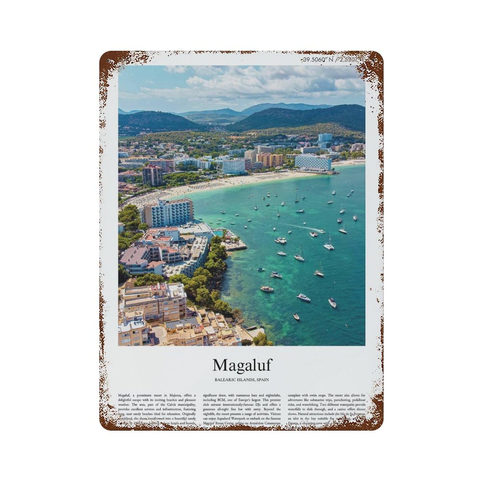 xiaoxiaoshen Magaluf Balearic Islands, Spain City Scenery Wall Decor Art Metal Tin Poster Modern Home Decor Art Home Bar Shop Decorations Vintage Sign 40x30cm