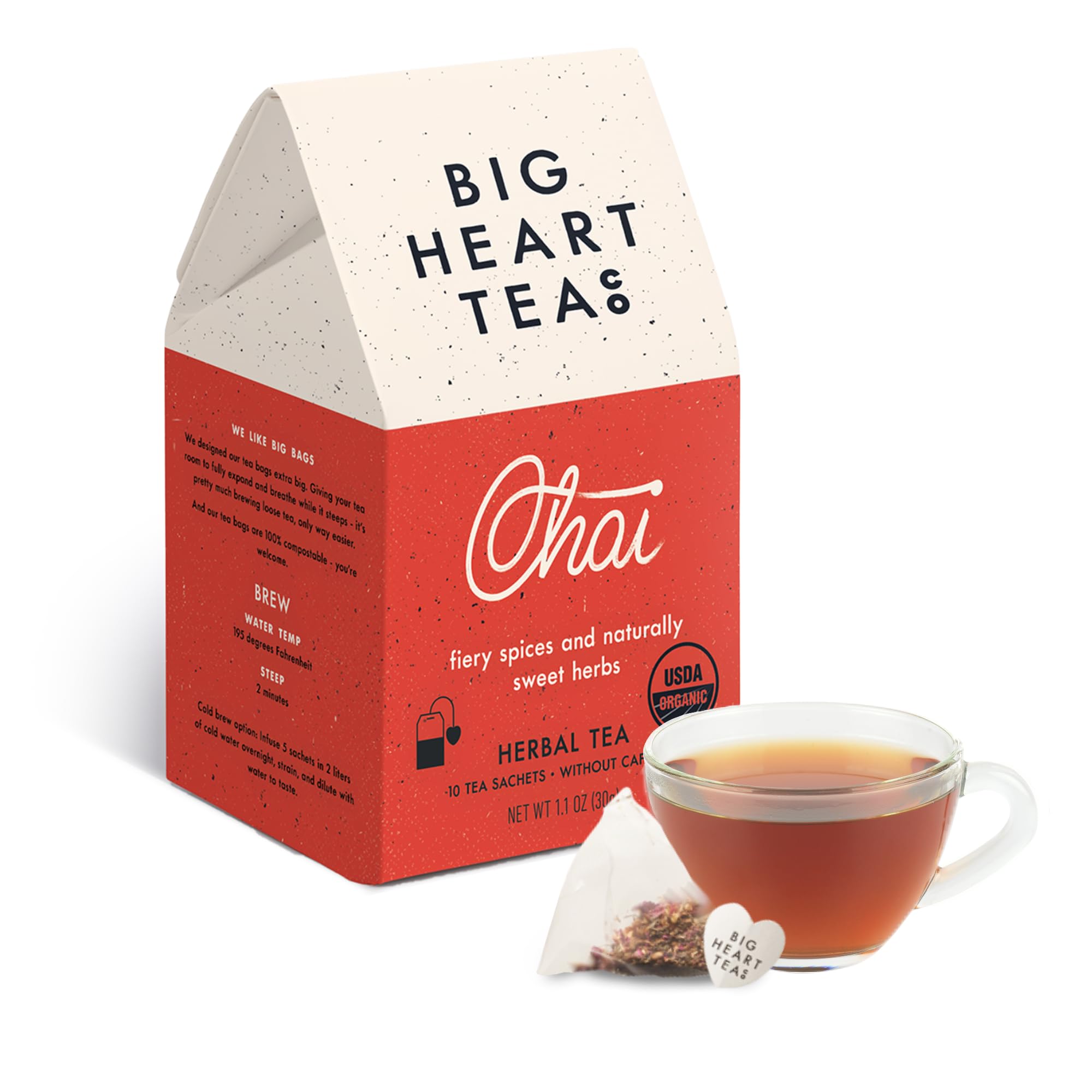 Big Heart Tea Co. Tea Bags - Fiery Masala Chai - Certified Organic, Ayurvedic Herbal Decaf Tea with Small Batch Ground Sweet Herbs and Spices including Adaptogenic Tulsi, Rooibos, Ginger, 10 Tea Bags