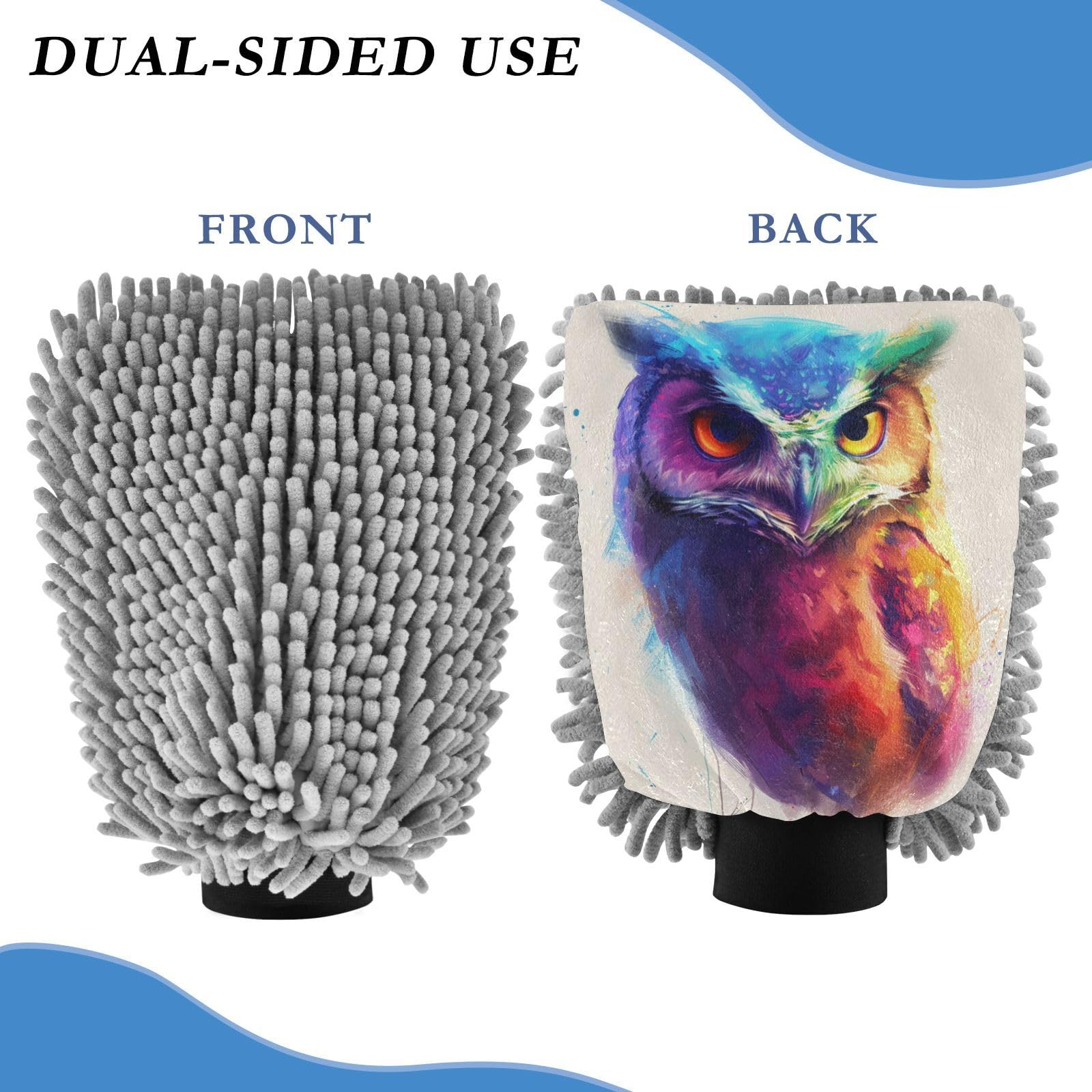 ALAZA Owl Watercolor Car Wash Mitt Scratch Free, 2 Pack Absorbent Microfiber/Chenille Washing & Drying Mitts, L