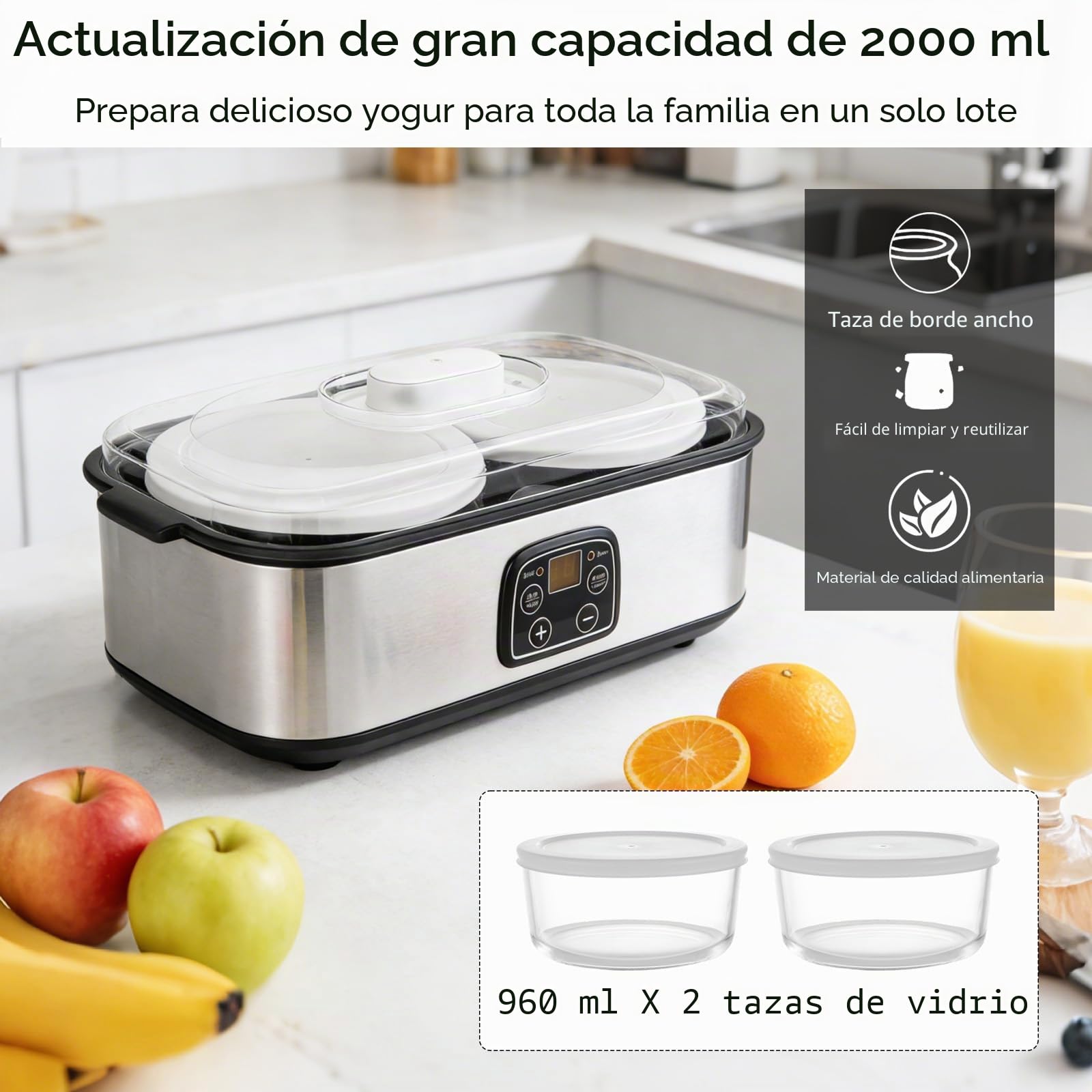 Yogurtera Digital 2 L, Máquina para Hacer Yogur con Tarros, Temperatura Constante de 20-55 °C, Yogurtera Automática para Yogur Casero, Queso y Natto en Casa (2 × 960 ml Tarros)
