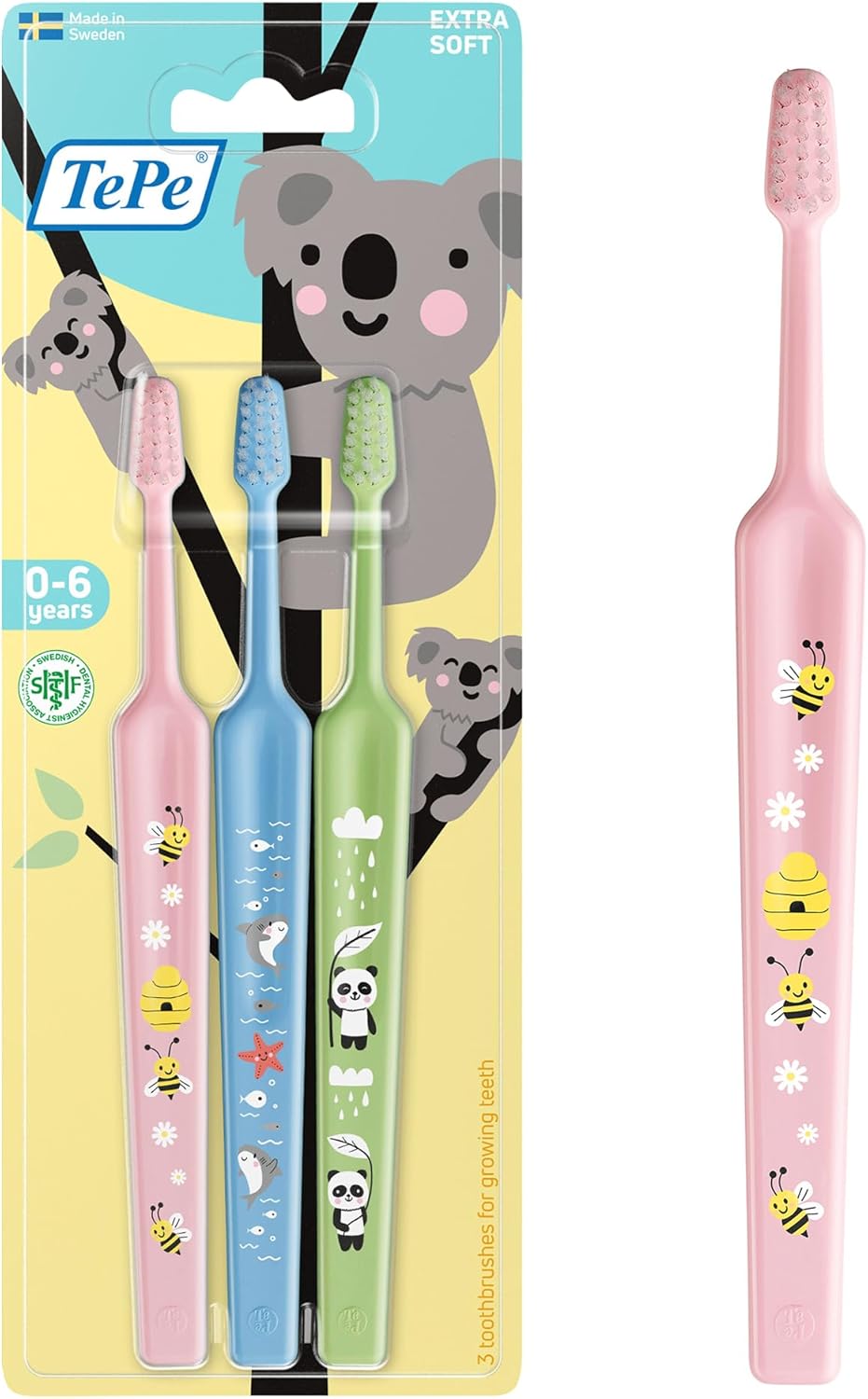 Cepillo de dientes TePe Mini, Extra Suave, 3 ud., cepillo de dientes infantil, cerdas extrasuaves para una limpieza respetuosa, desde el primer diente hasta los 6 años - Amazon product rated Grade B