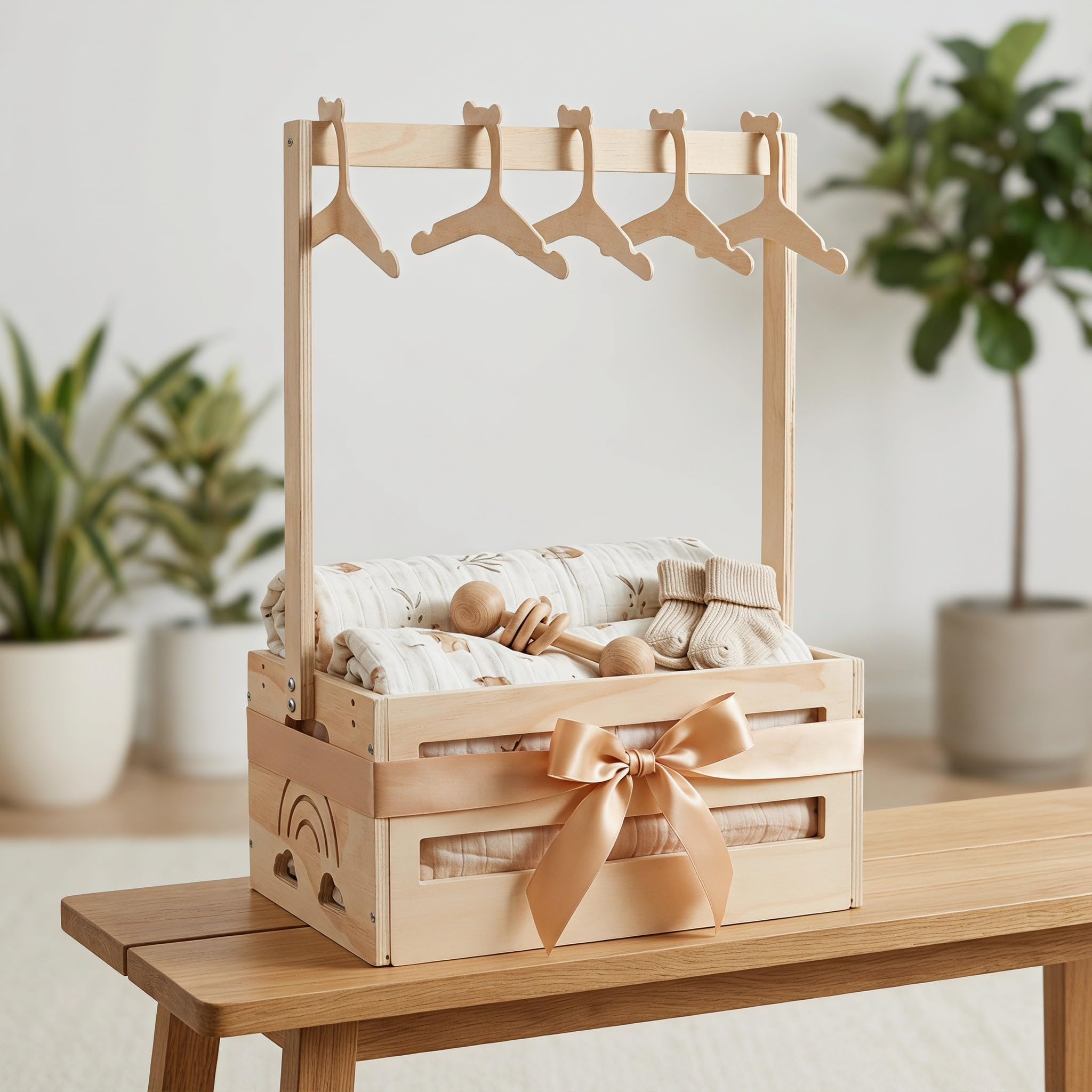 Uonlytech Cesta de Obsequio para Bebés de Madera con Asa y Percha