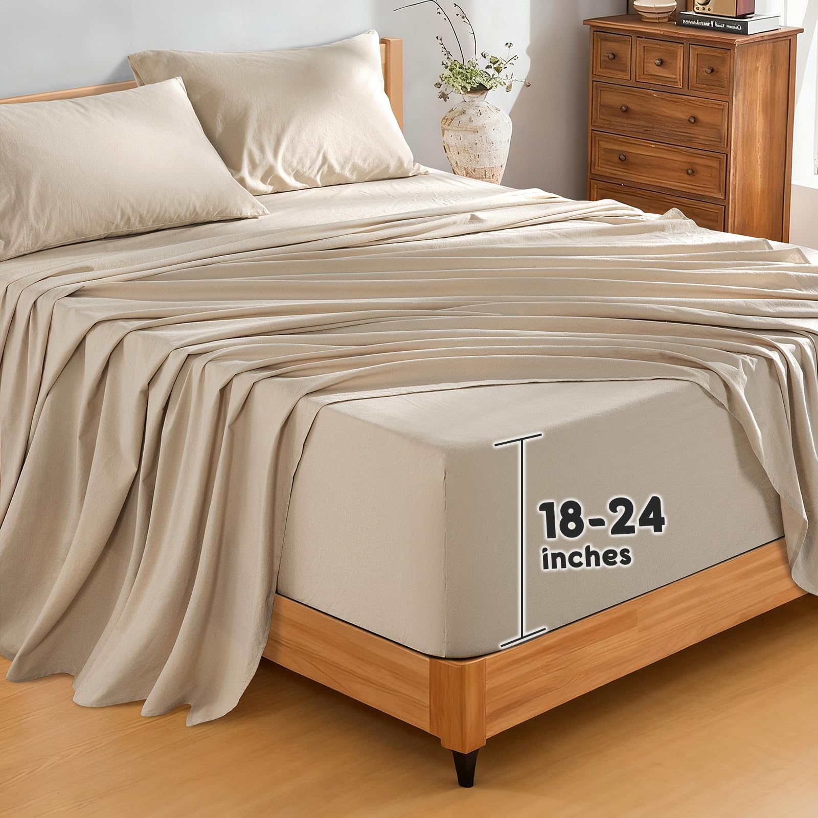 Photo 1 of SONORO KATE 100% French Pure Linen Sheets, Extra Deep Pocket up to 18"-24", Breathable and Durable Linen Sheets, Anti-Tear Linen Bed Sheets, Machine Washable - 4 Piece (Natural Linen, Queen(24"deep))