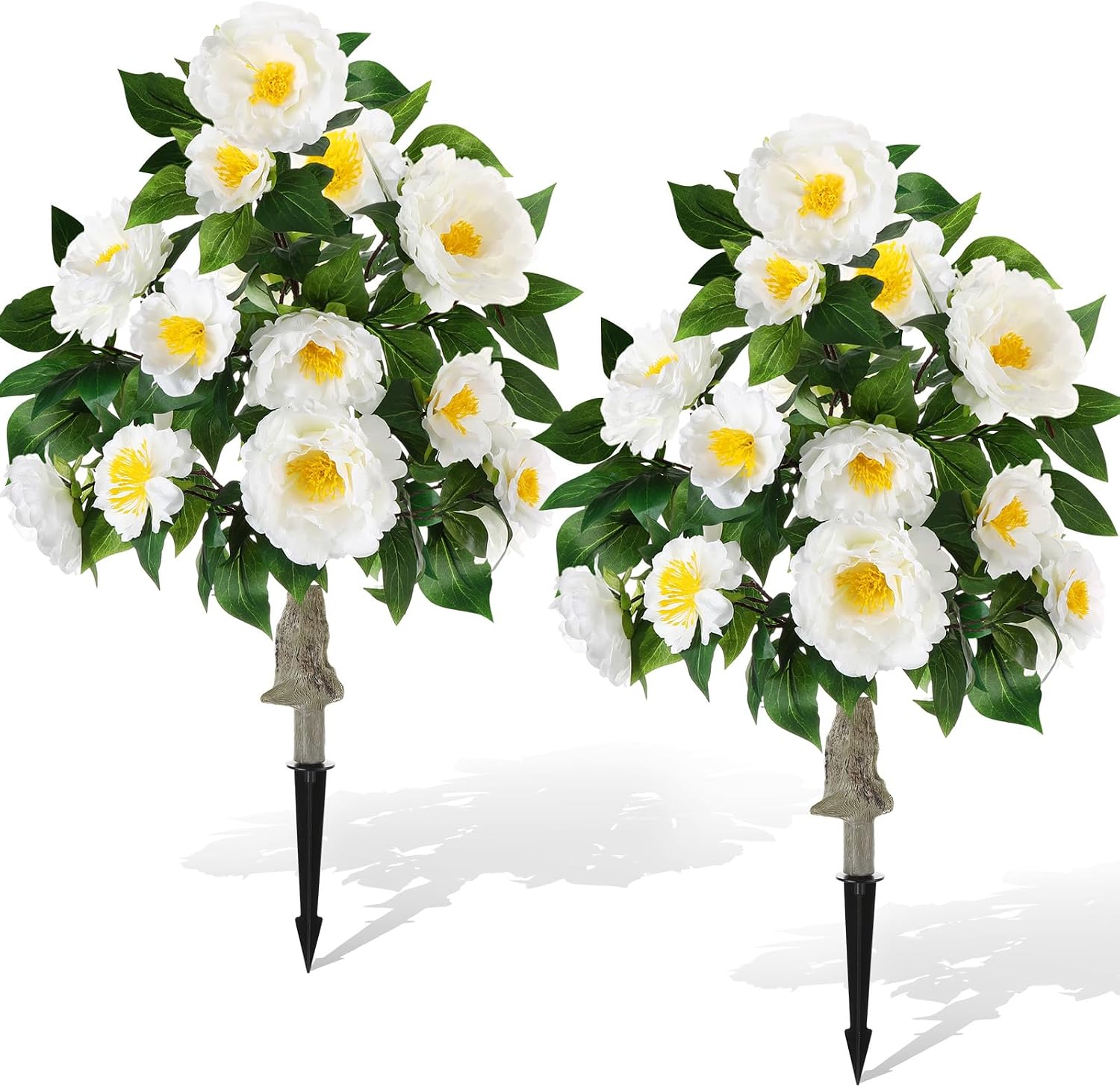 Thiccywoov 2 Pack Artificial Peony Flower for Outdoor 36" Faux Peonies Plant with Spike UV Resistant Realistic Fake Floral Blooming Bush for Indoor Front Door Porch Backyard(Champagne & Light Purple)