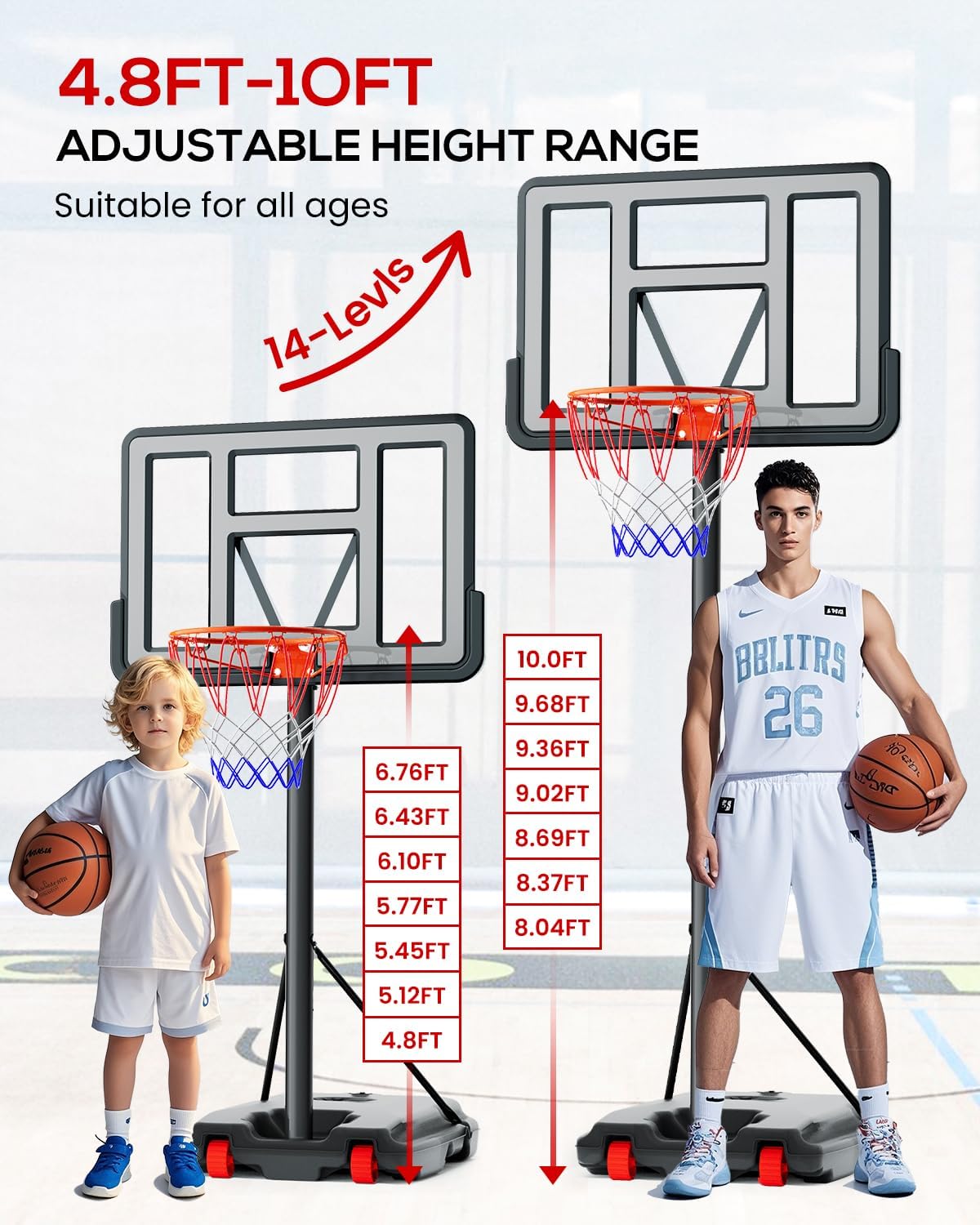 Basketball Hoop Outdoor 4.8ft-10ft Adjustable, Portable Basketball Goal System for Kids/Teens/Adults in Backyard/Indoor/Driveway, with 44in Shatterproof Backboard (4.8-10ft-Black)