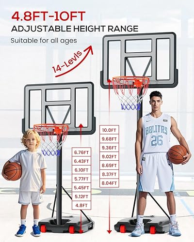 Miniatura 9 de Portable Basketball Hoop Outdoor, 4.8 to 10ft Height Adjustable Basketball Syatem with 44" Shatterproof PC Backboard, Basketball Hoop & Goal for