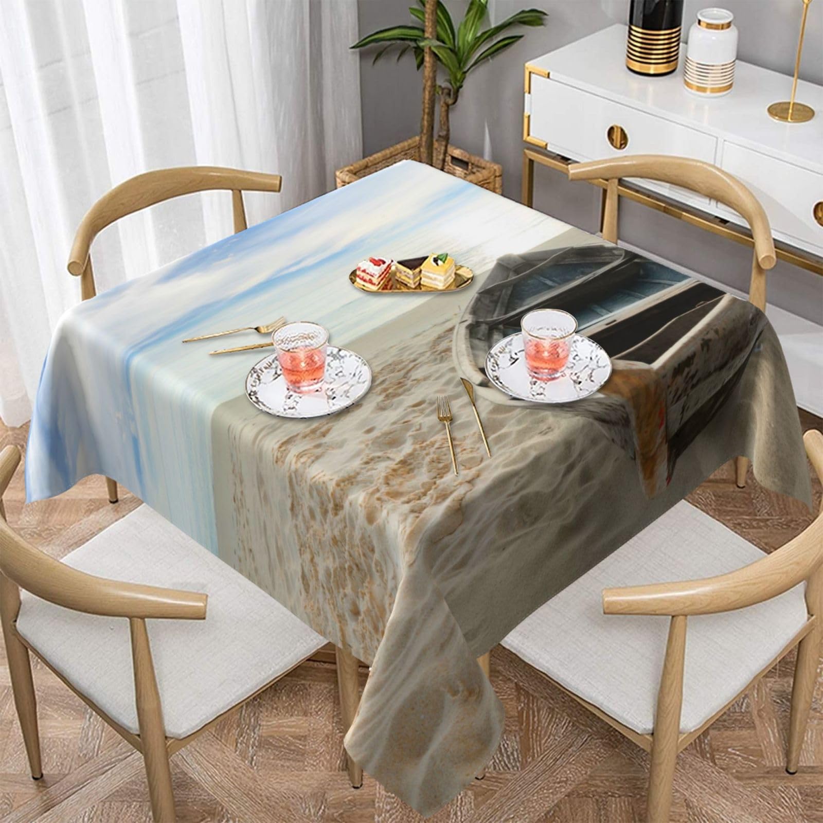 DCEHGEW Boat Beach Sunrise Time Nautical Prints Square Tablecloth 152x152 CM, Waterproof Fabric Table Cloth for Dining Table, Farmhouse Table Cover for Kitchen Dining Tabletop Decoration