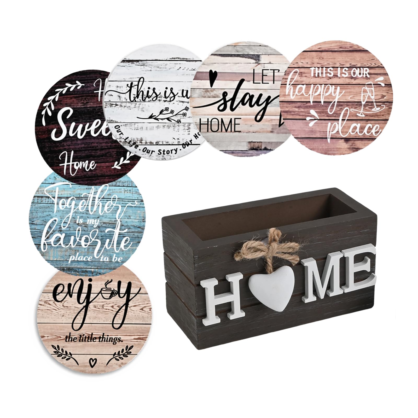 6 Pack Wooden Farmhouse Coasters Set with Holder, 4 inches Funny Drink Coasters for Coffee Table Decor, House Warming Gifts New Home Family Tabletop Protection (Farmhouse Color)