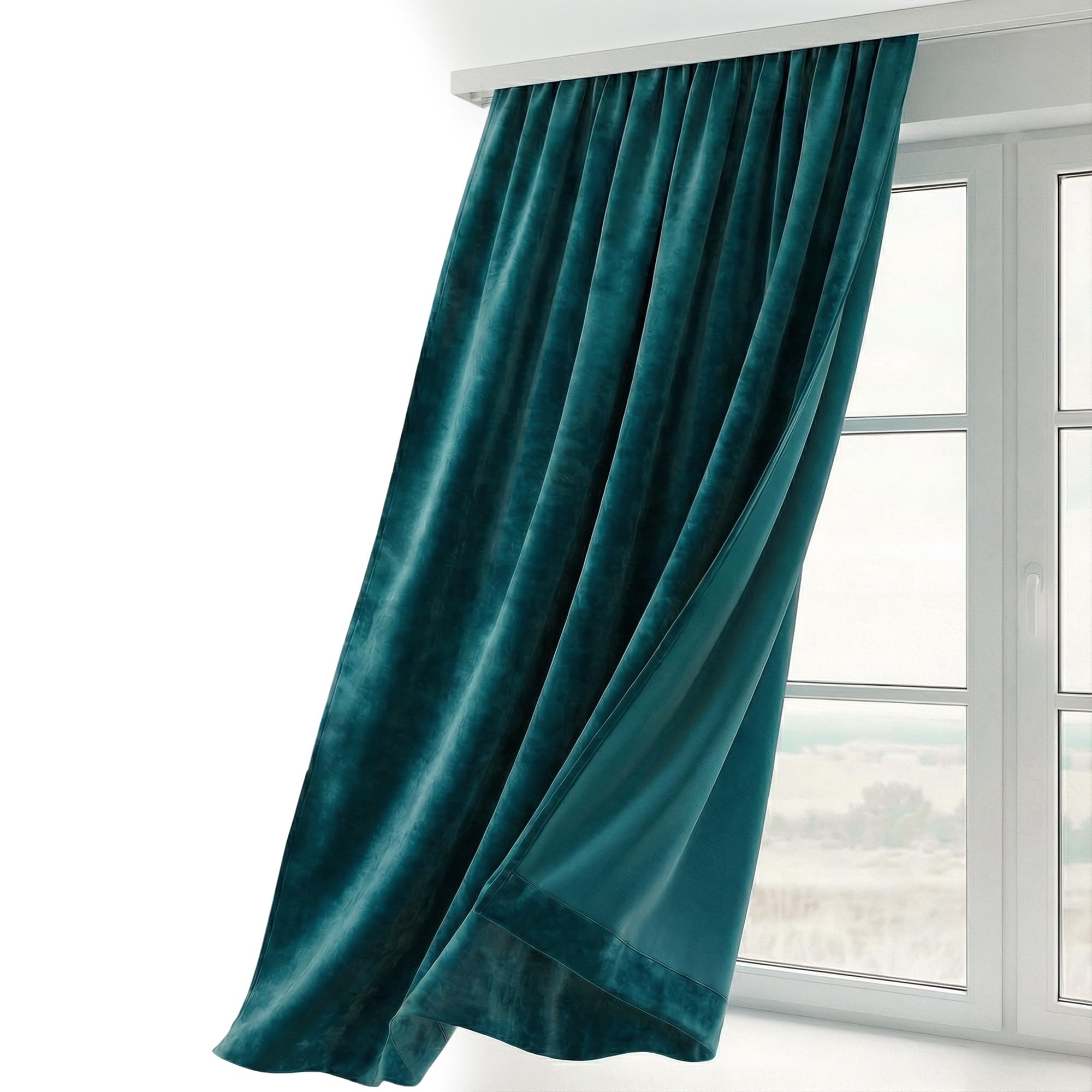 Beautex Petrol Velvet Curtain, Ruffle Tape, U-Tape Curtain, Darkening And Opaque, 140 X 245 Cm (Width 140 Cm, Height 245 Cm, )